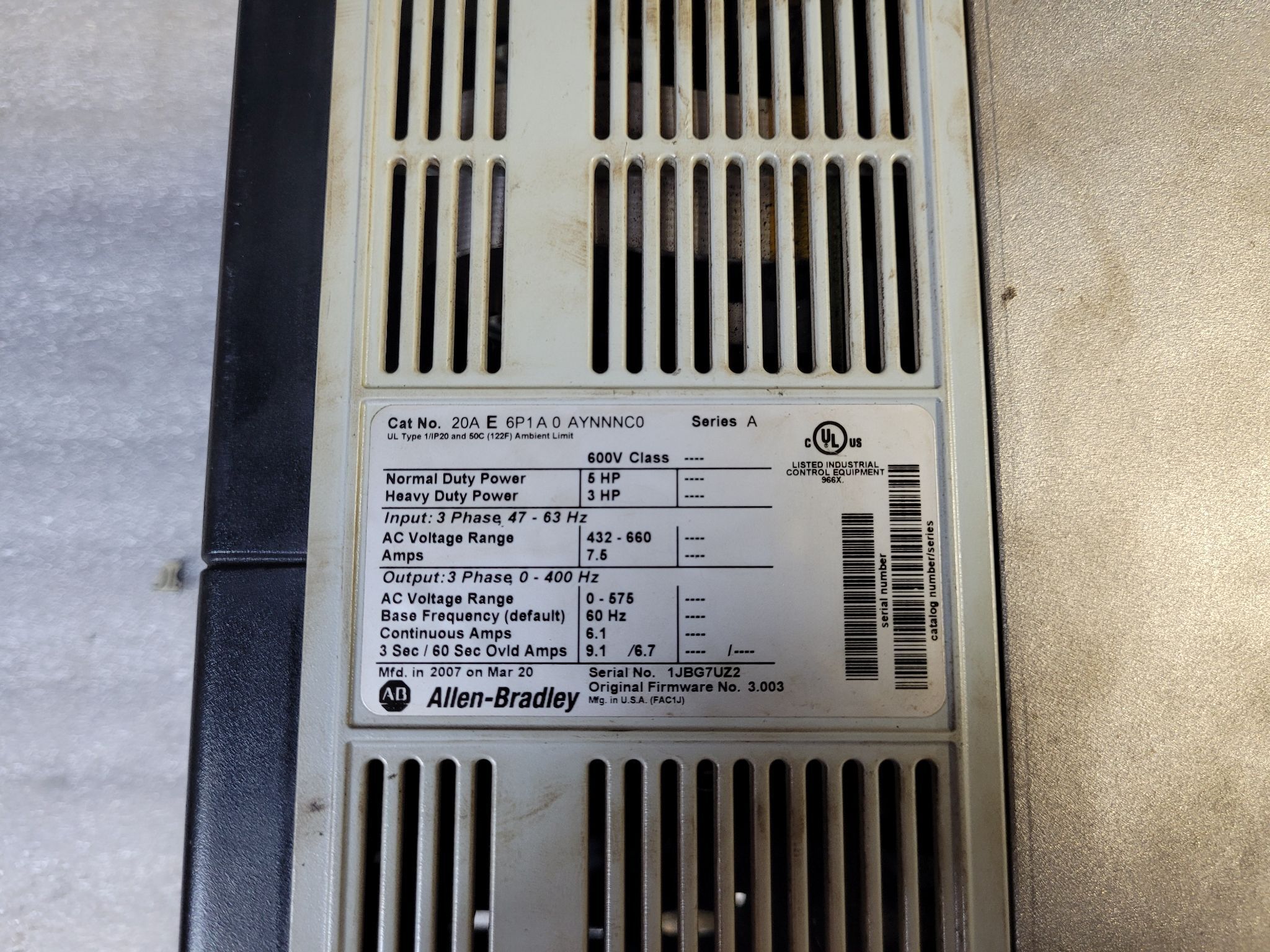 ALLEN BRADLEY 20AE6P1A0AYNNNC0 PowerFlex 70 AC Drive 600V 5HP USED 2
