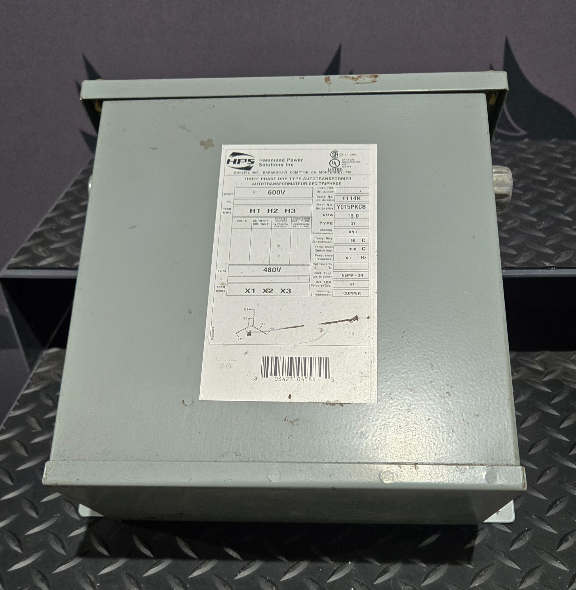 HAMMOND POWER SOLUTIONS Y015PKCB Transformer 600V - 480V, 15 kVa, 3PH USED 0