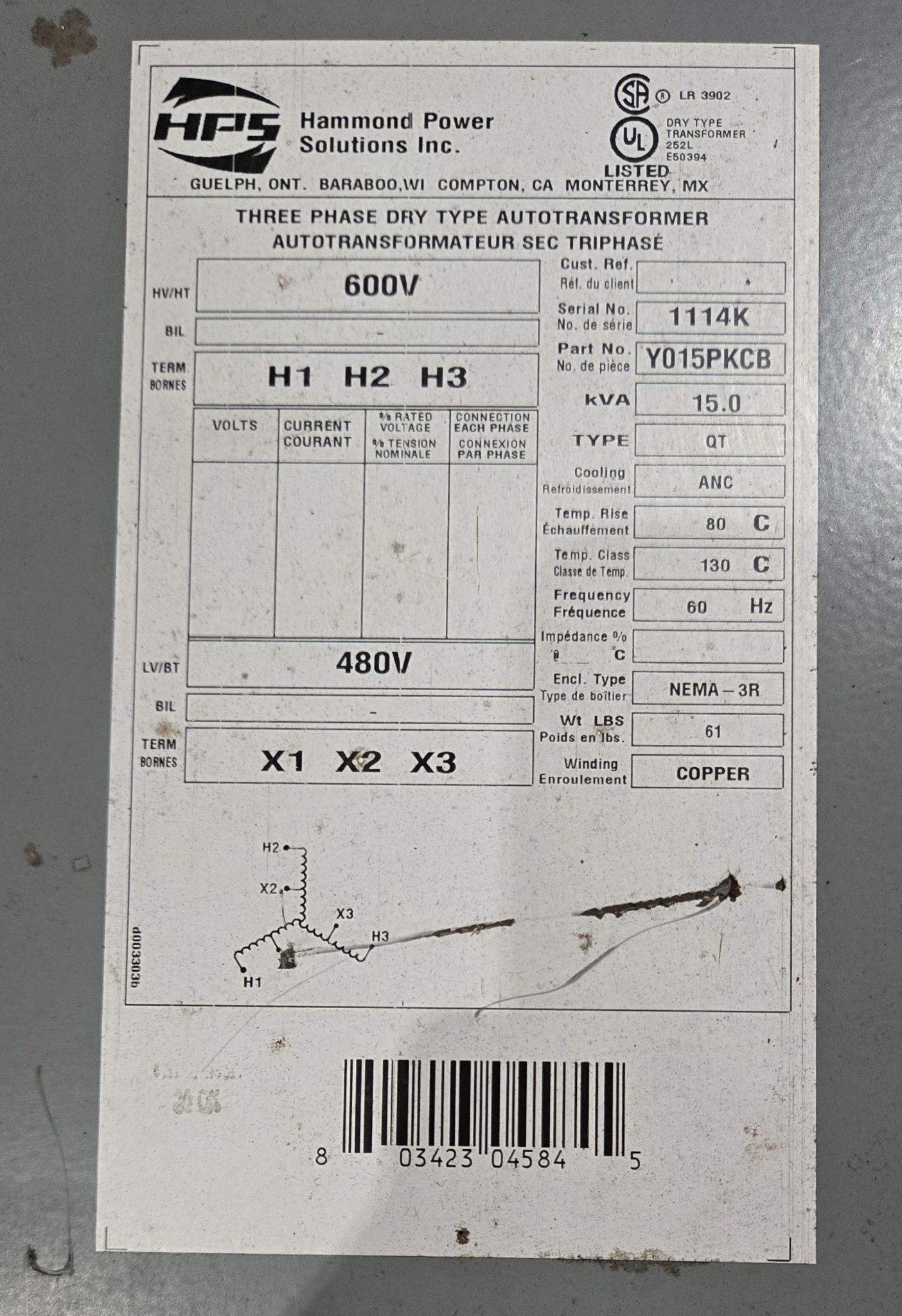 HAMMOND POWER SOLUTIONS Y015PKCB Transformer 600V - 480V, 15 kVa, 3PH USED 2