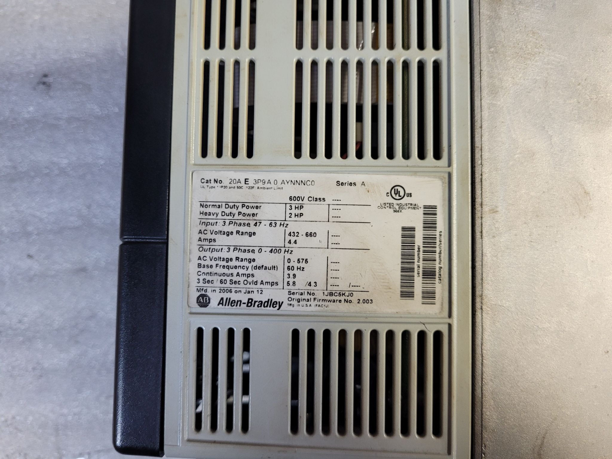 ALLEN BRADLEY 20AE3P9A0AYNNNC0 PowerFlex 70 AC Drive 3HP 600V USED 2
