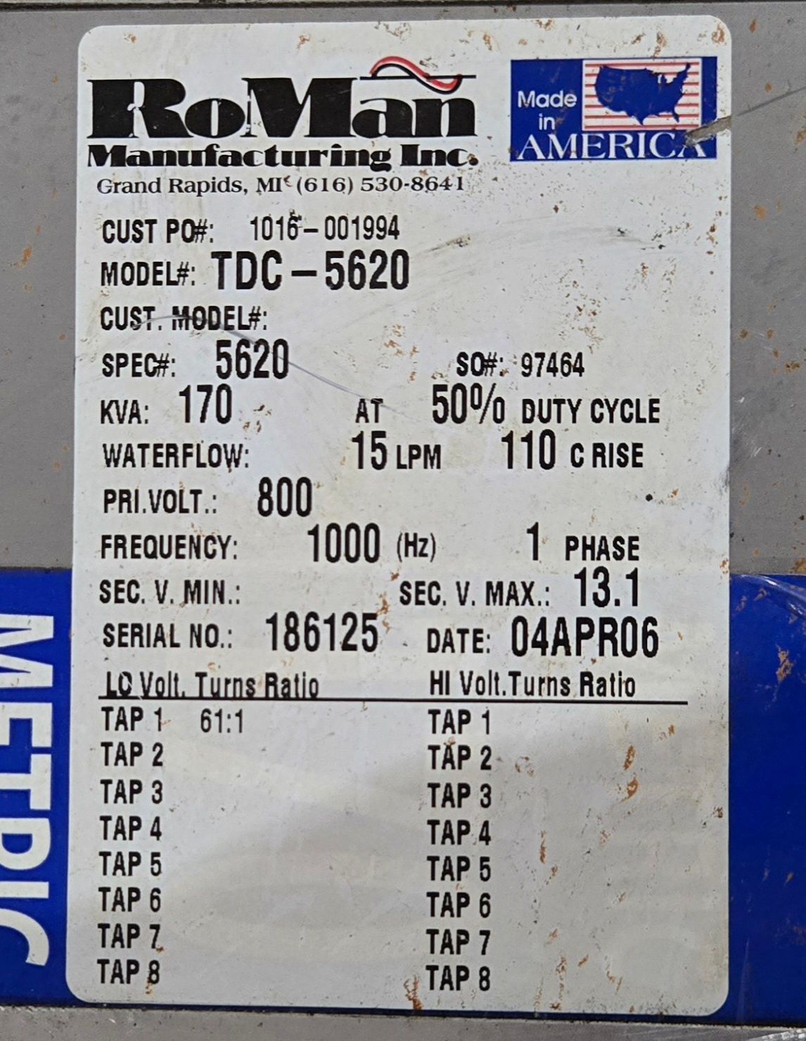 RoMan Manufacturing TDC-5620 800V 170KVA RESISTANCE WELDING TRANSFORMER USED 4