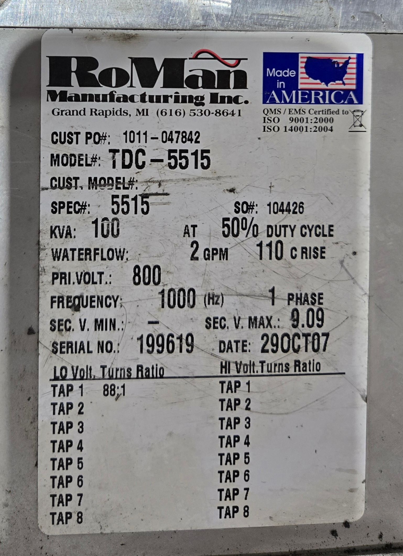 RoMan Manufacturing TDC-5515 800V 100 KVA RESISTANCE WELDING TRANSFORMER USED 5