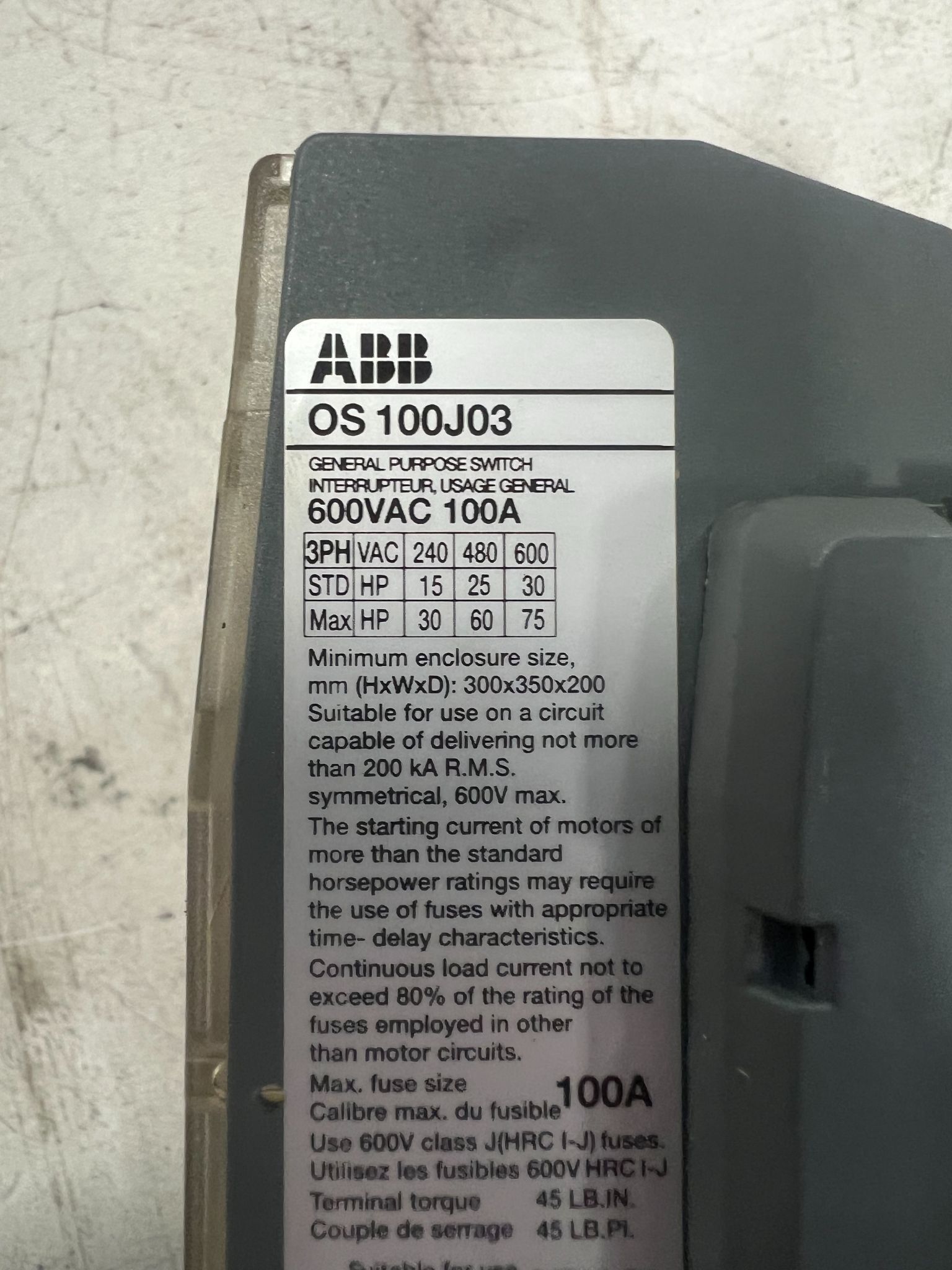 ABB OS 100J03 PANEL ACCESSORIES AND SWITCH SUPPLIES USED 4