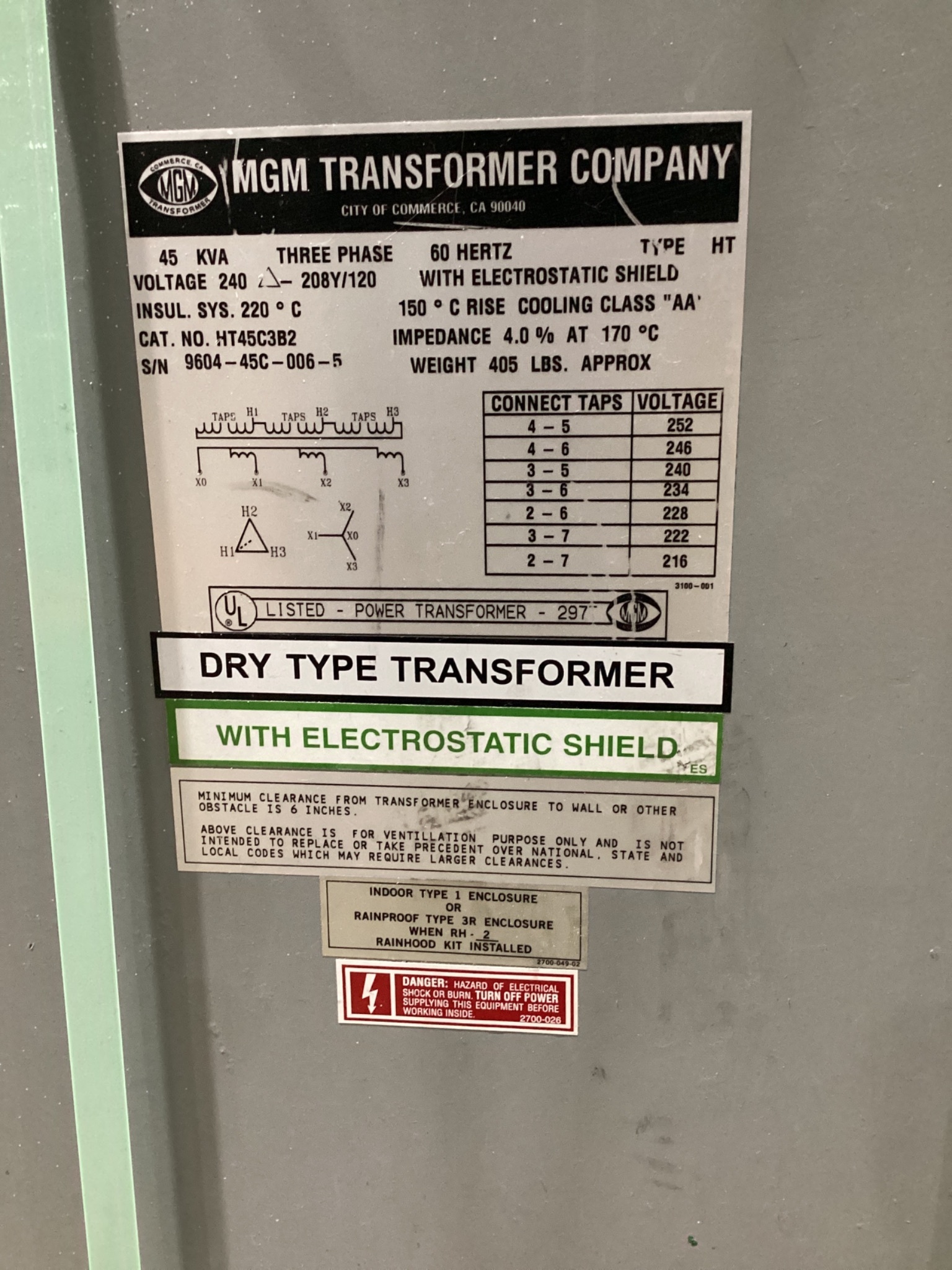 MGM HT45C3B2 45KVA DRY TYPE TRANSFORMER 3PH 240V - 208Y/120V USED 4
