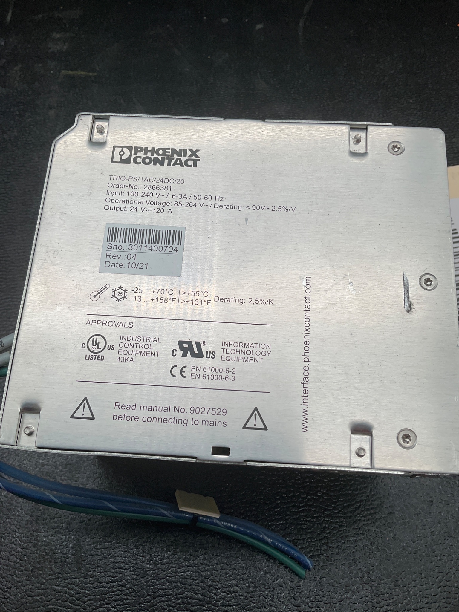 PHOENIX CONTACT TRIO-PS/1AC/24DC/20 DIN Rail Power Supply 24V 20A USED 1