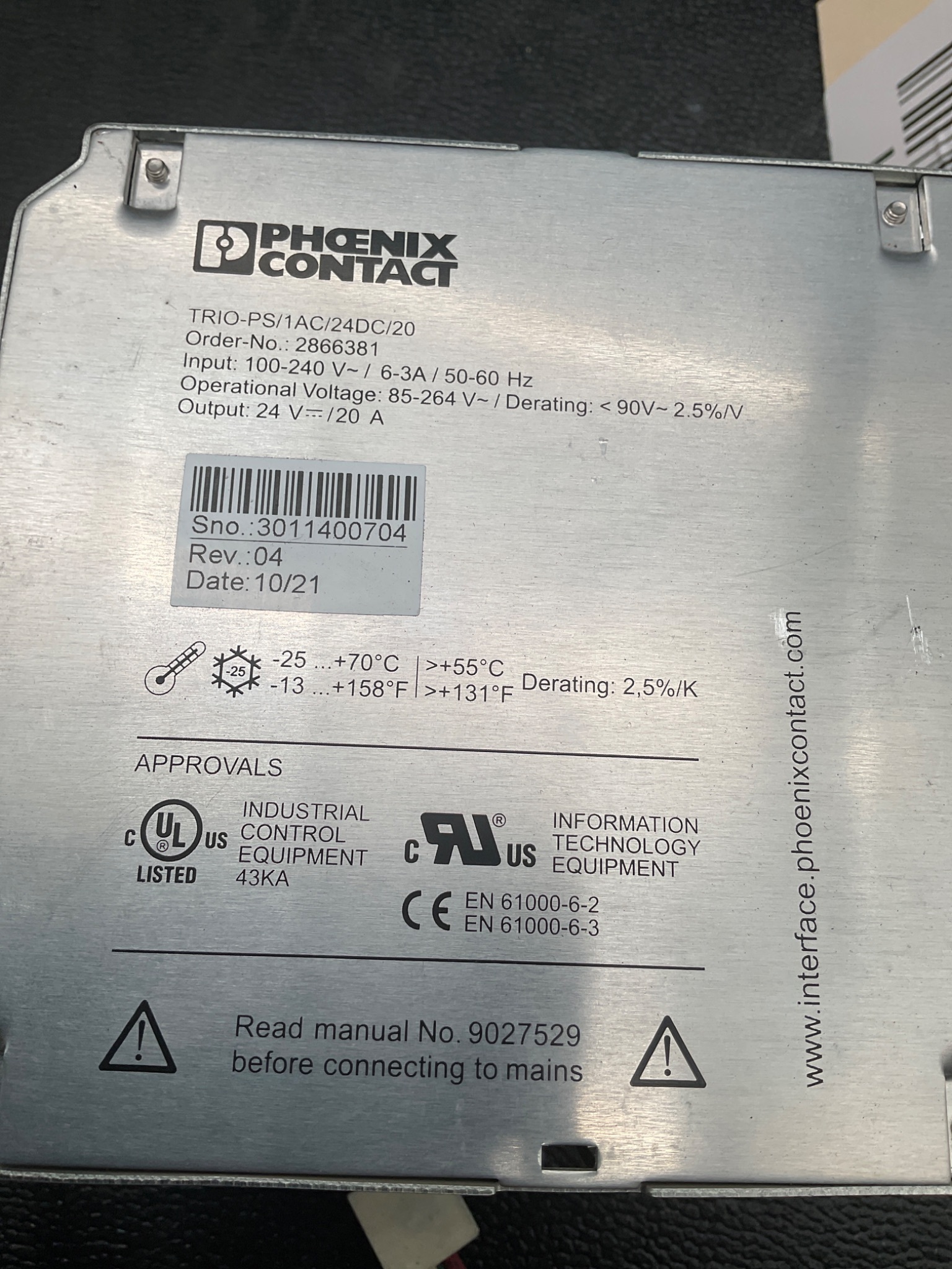 PHOENIX CONTACT TRIO-PS/1AC/24DC/20 DIN Rail Power Supply 24V 20A USED 6
