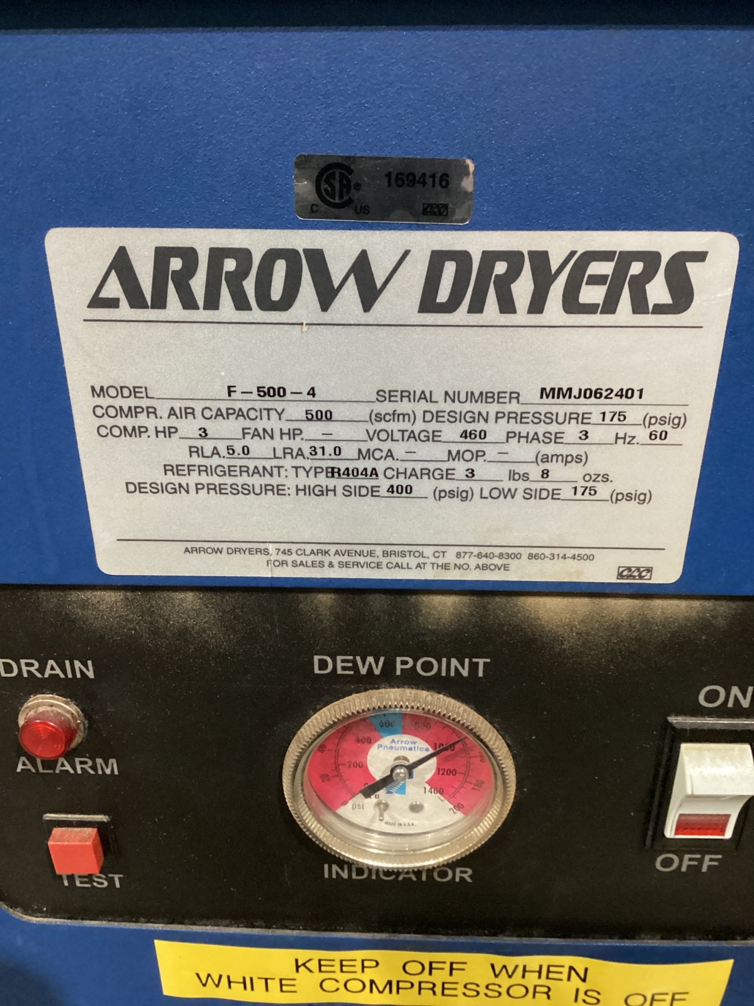 ARROW DRYERS F-500-4 500 SCFM Refrigerated Air Dryer USED 4