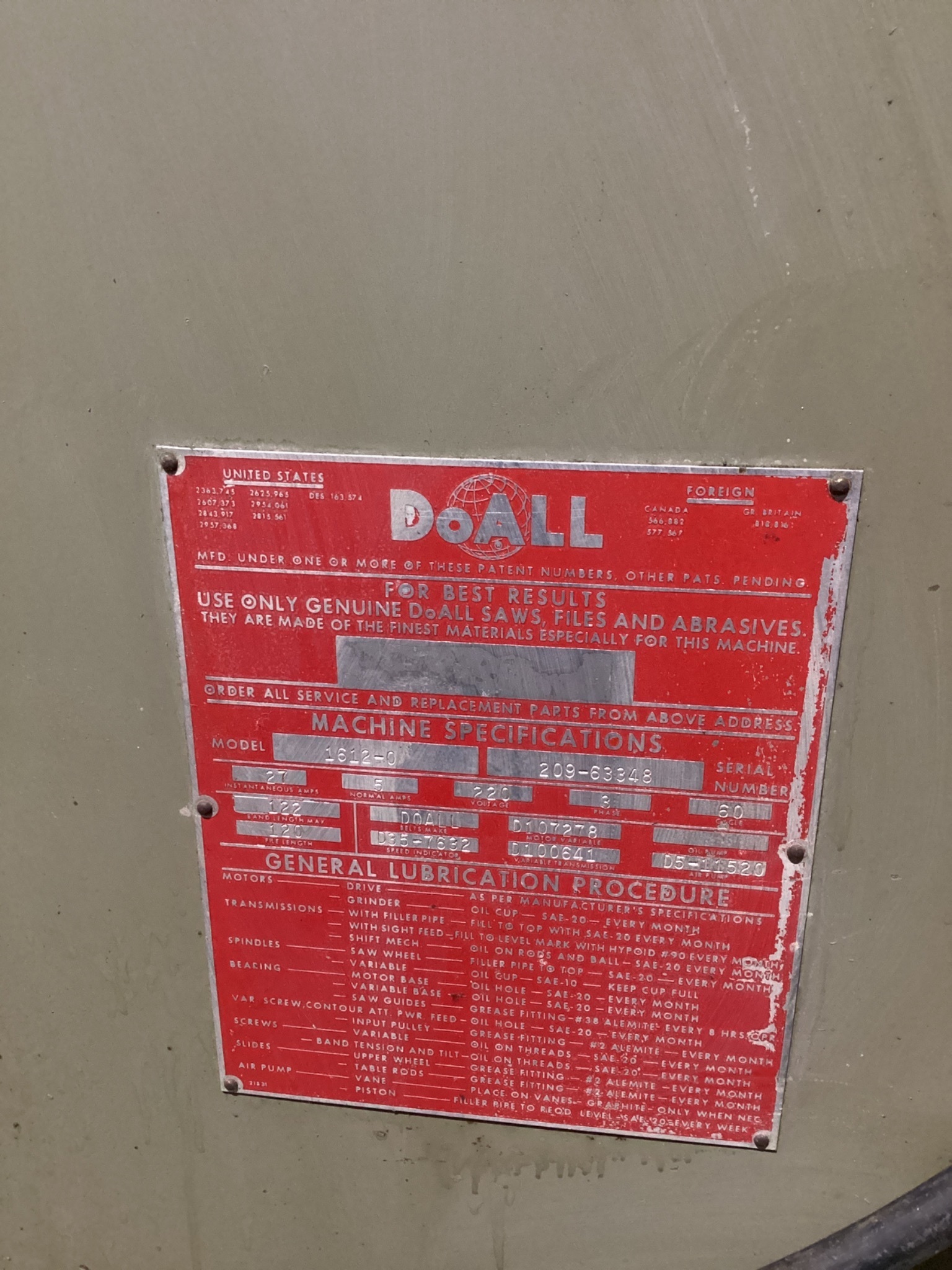 DOALL 1612-0 Vertical Band Saw USED 6