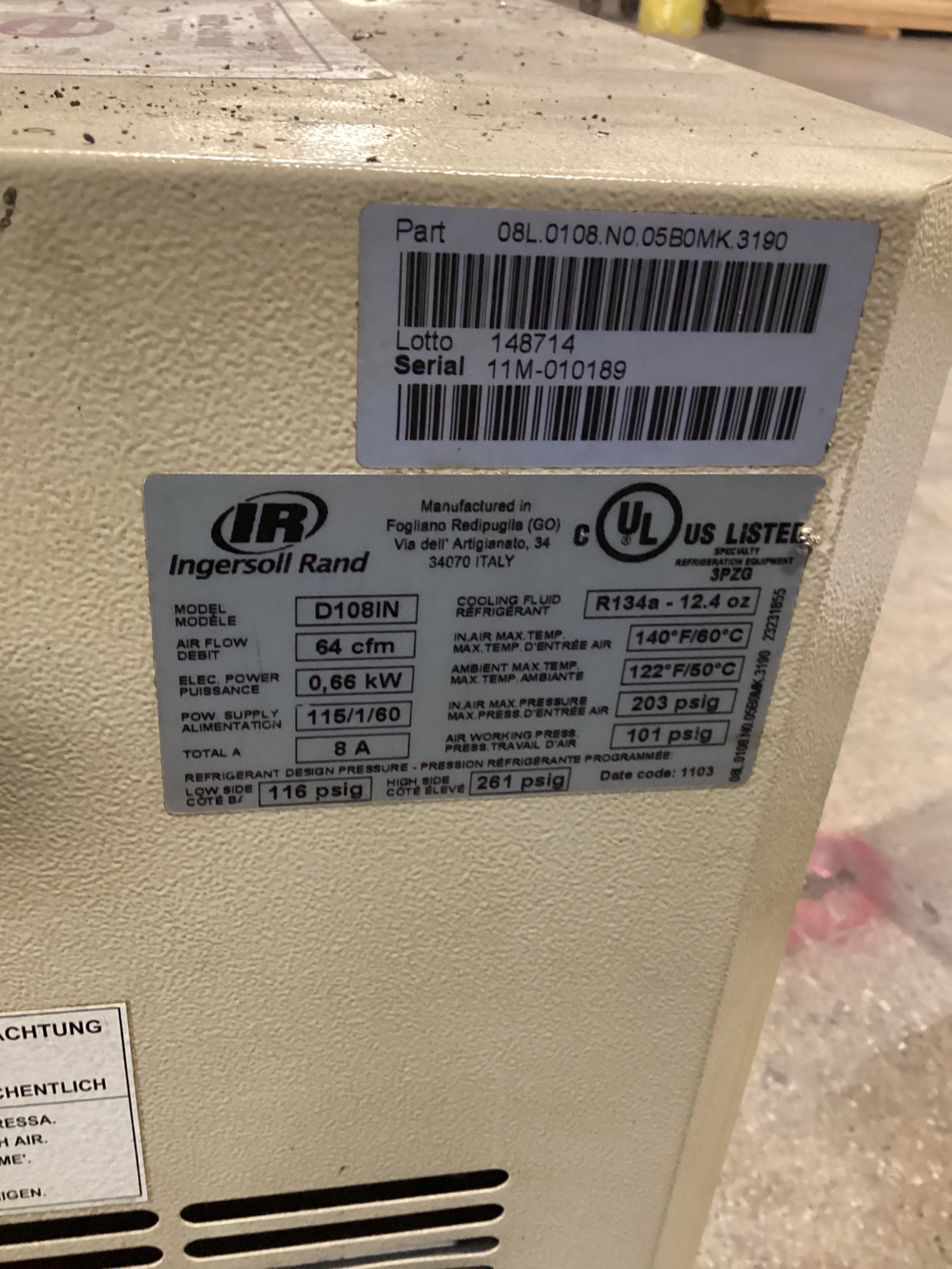 INGERSOLL-RAND D108IN 64 SCFM Refrigerated Air Dryer USED 4