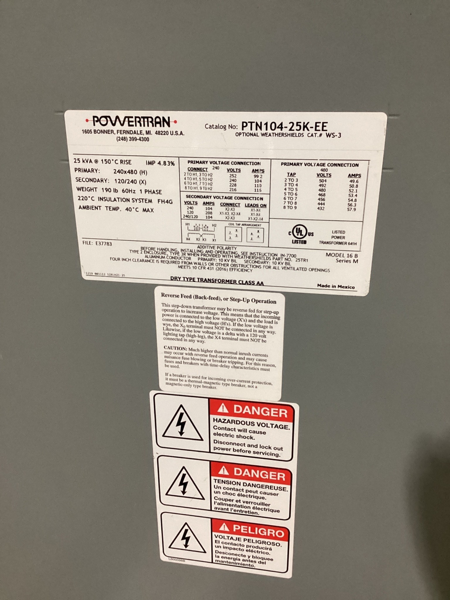 POWERTRAN PTN104-25K-EE 25KVA Step-Down Transformer 1PH USED 5