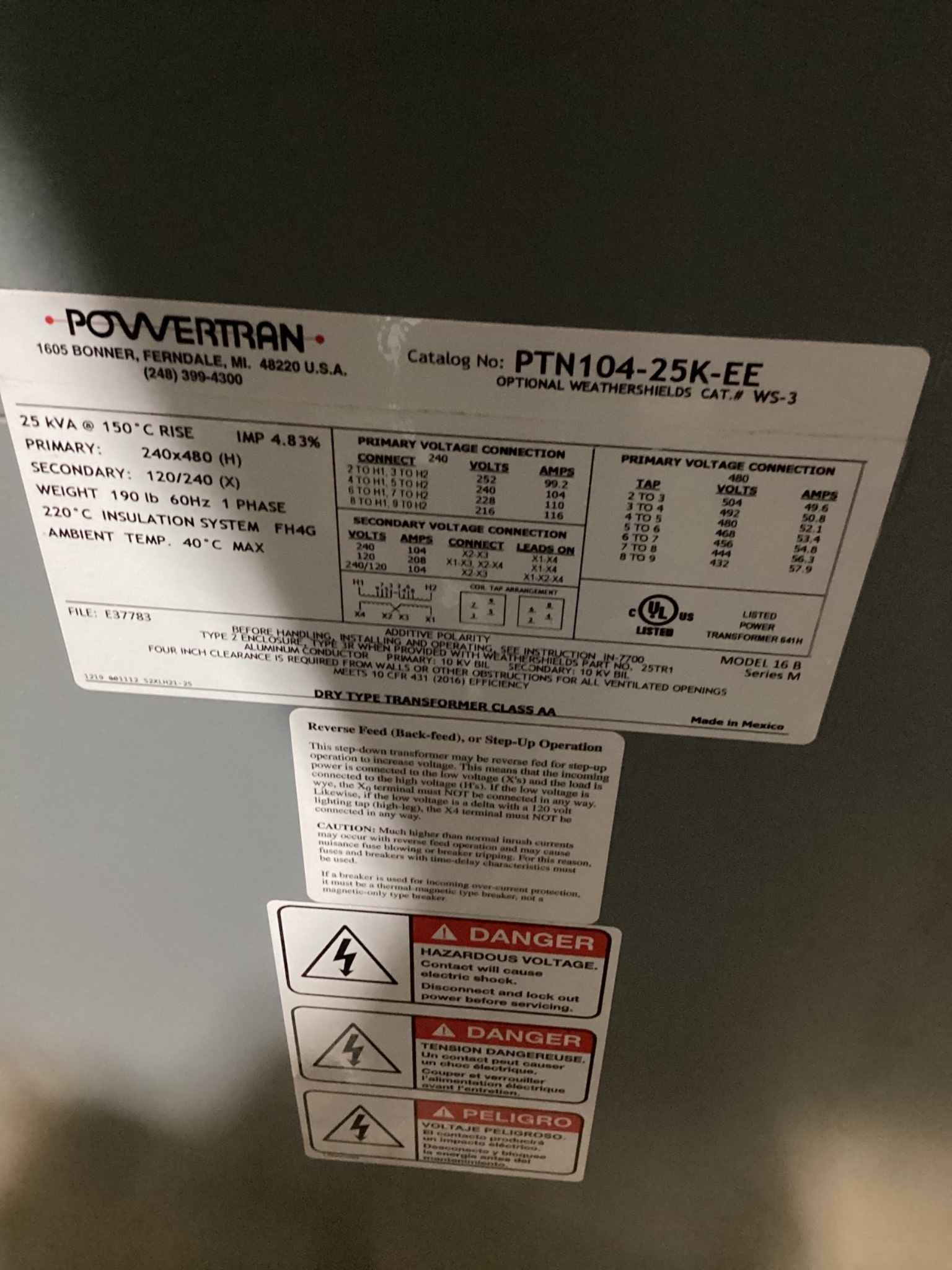 POWERTRAN PTN104-25K-EE 25KVA Step-Down Transformer 1PH USED 4