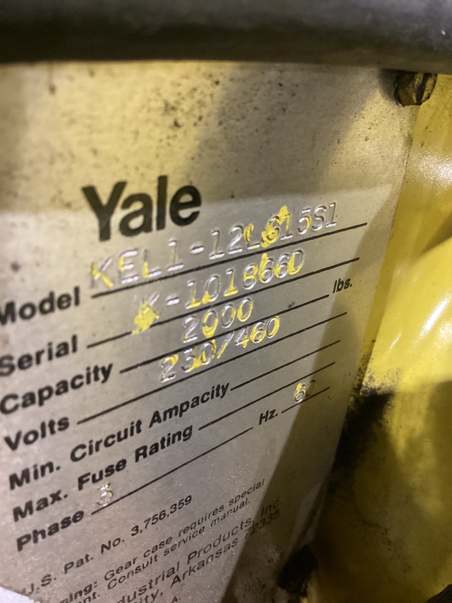 YALE KEL1-12L615S1 1-Ton Electric Chain Hoist USED 3