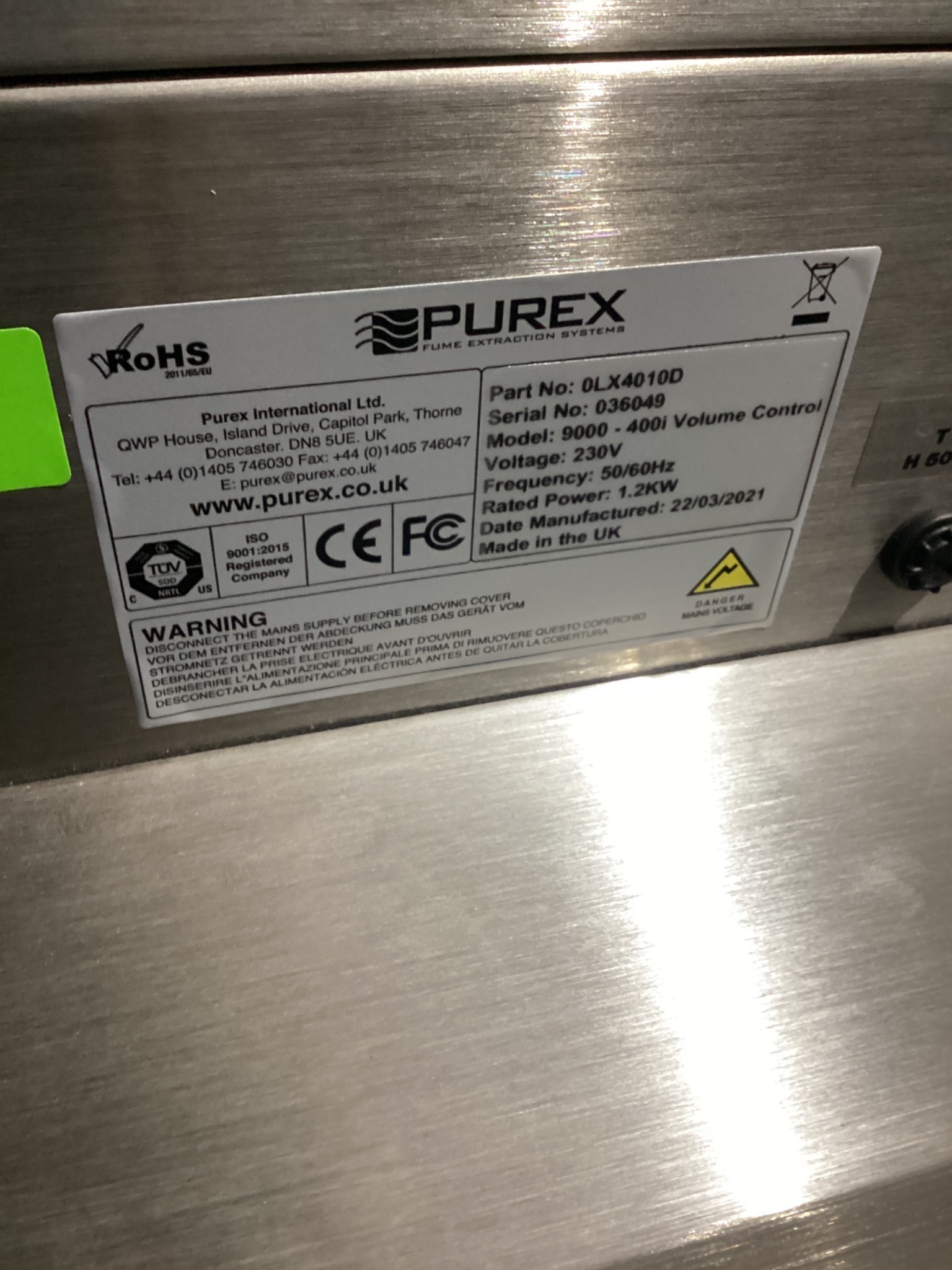 PUREX 0LX4010D 400i Digital Fume Extraction Unit 230V USED 4