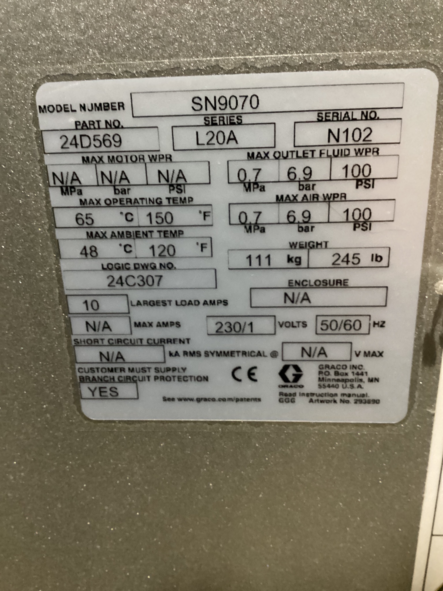 GRACO SN9070 38L LV Tank Module 24D569 Series L20A NEW 3