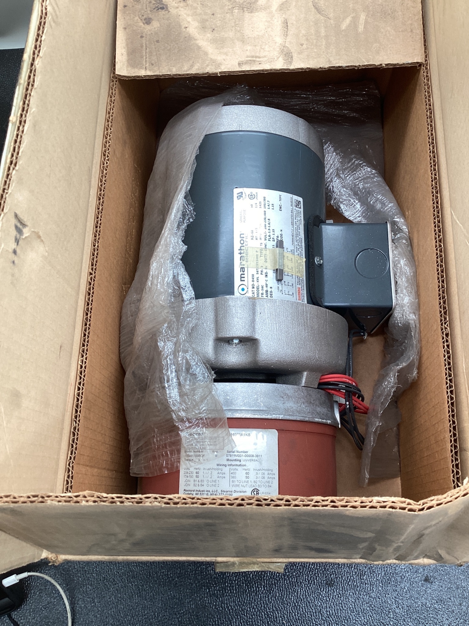 MARATHON 056T17F5348 1/3 HP 3PH Brake Motor 1725 RPM NEW 0