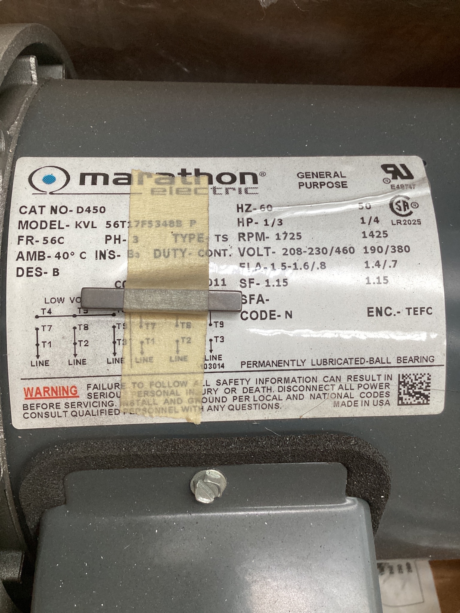 MARATHON 056T17F5348 1/3 HP 3PH Brake Motor 1725 RPM NEW 1