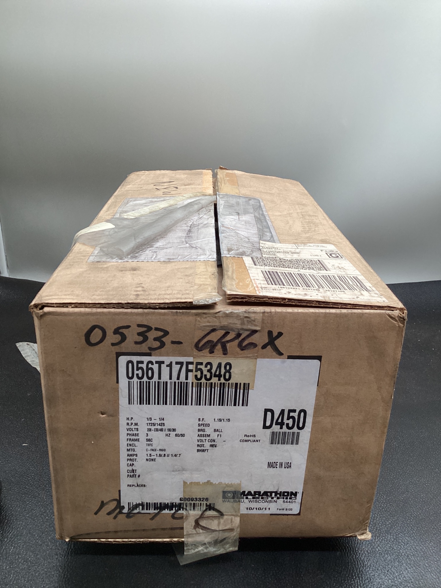 MARATHON 056T17F5348 1/3 HP 3PH Brake Motor 1725 RPM NEW 3
