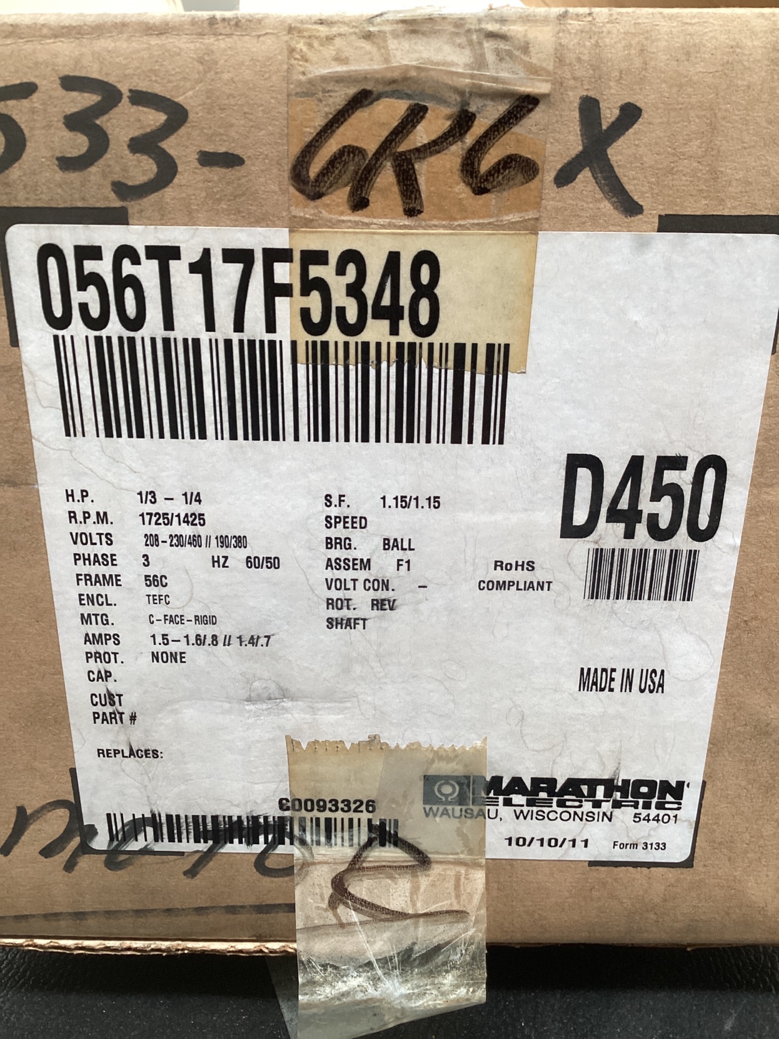 MARATHON 056T17F5348 1/3 HP 3PH Brake Motor 1725 RPM NEW 6