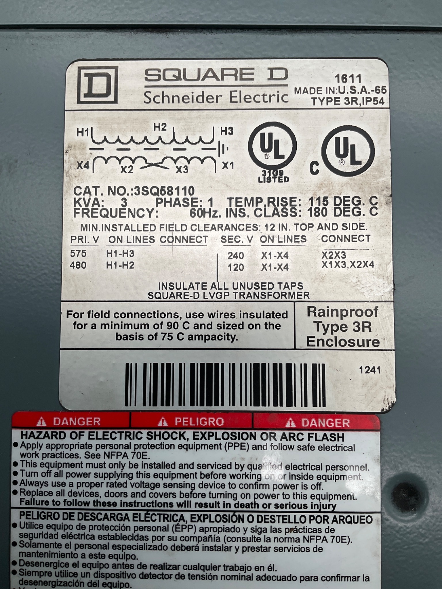 SQUARE D 3SQ58110 Dry Type Transformer 1PH 3KVA 480/575V - 120/240V USED 1