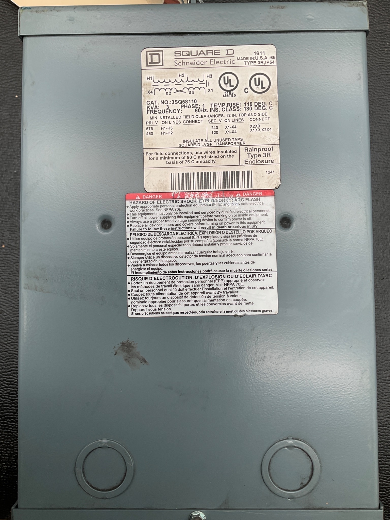 SQUARE D 3SQ58110 Dry Type Transformer 1PH 3KVA 480/575V - 120/240V USED 2