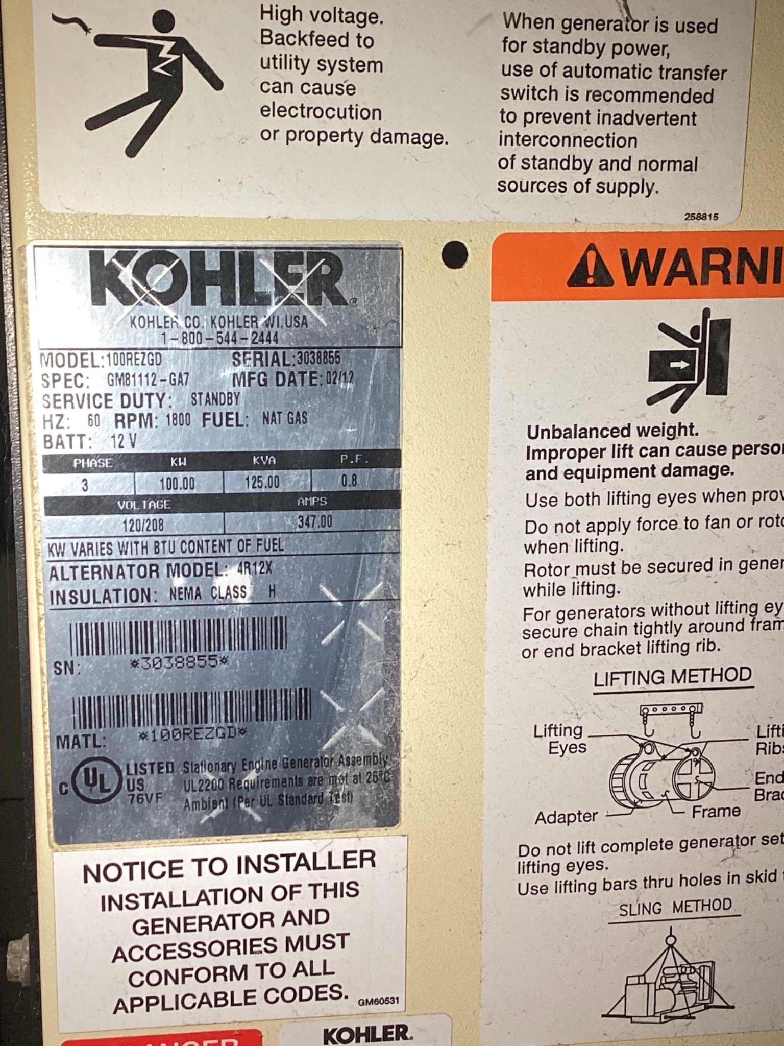 KOHLER 100REZGD NATURAL GAS GENERATOR 100KW APM402 USED 10