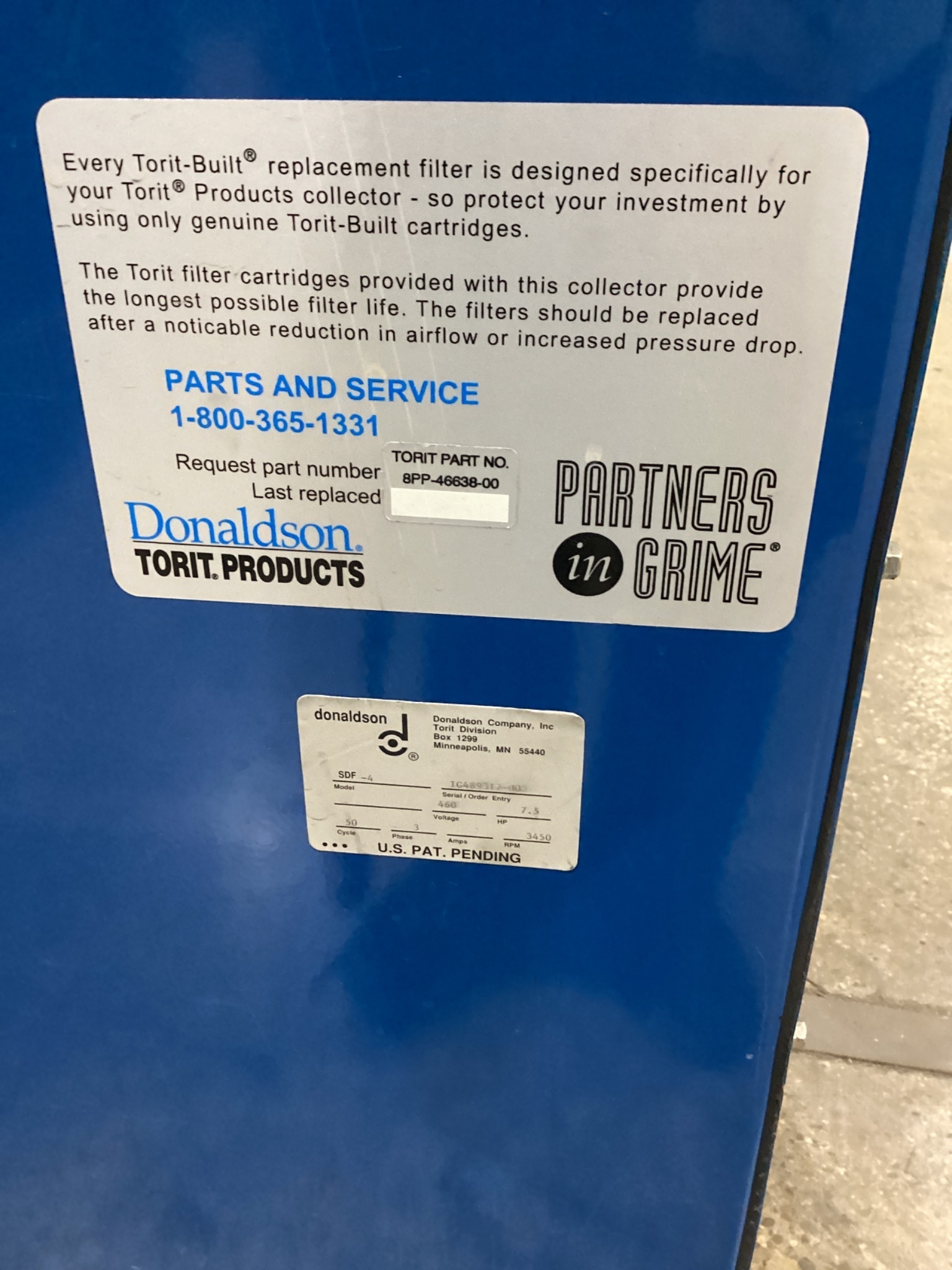 DONALDSON TORIT SDF-4 1200 CFM Cartridge Dust Collector 7.5HP USED 2