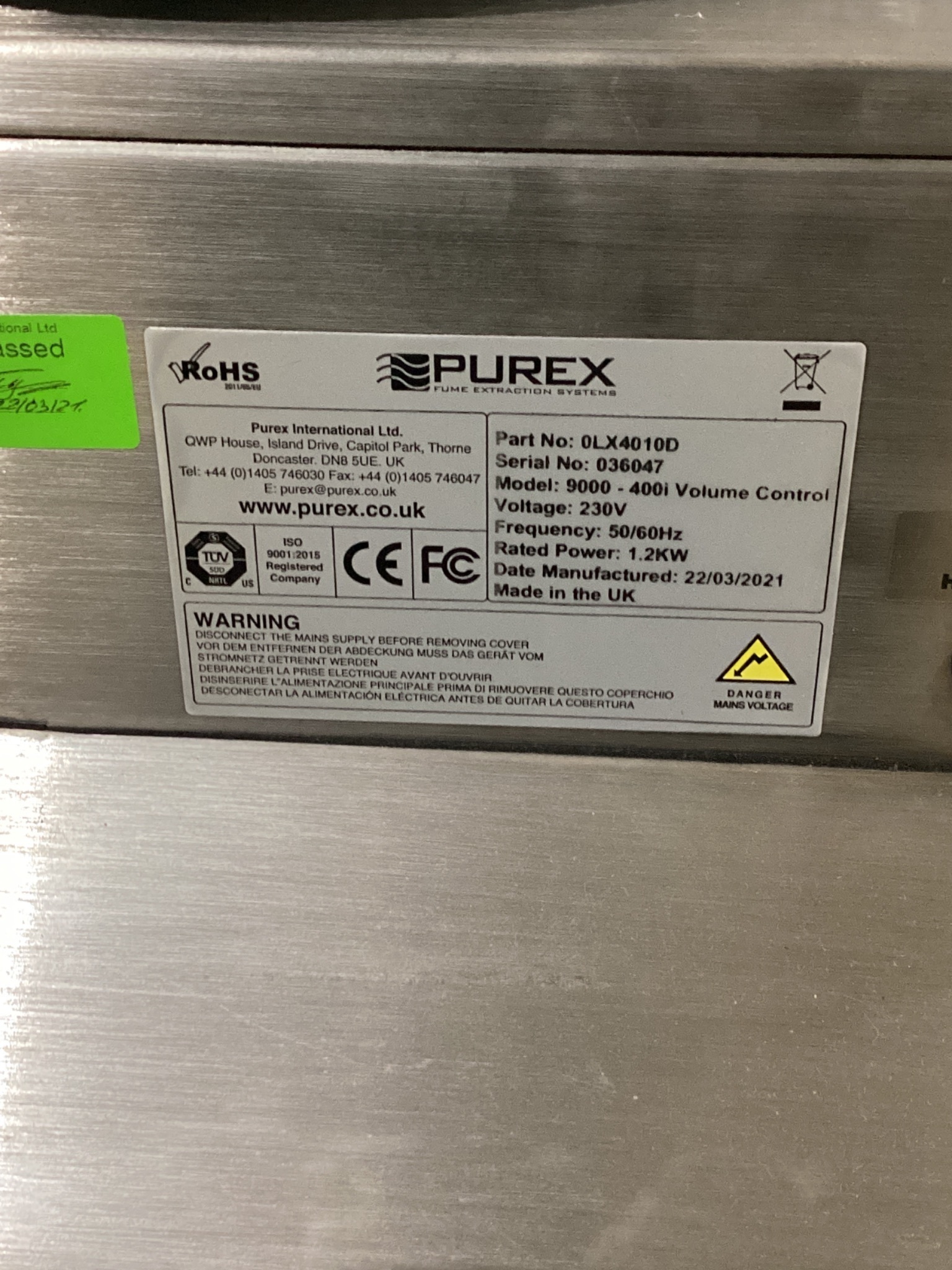 PUREX 0LX4010D 400i Digital Fume Extraction Unit 230V USED 4