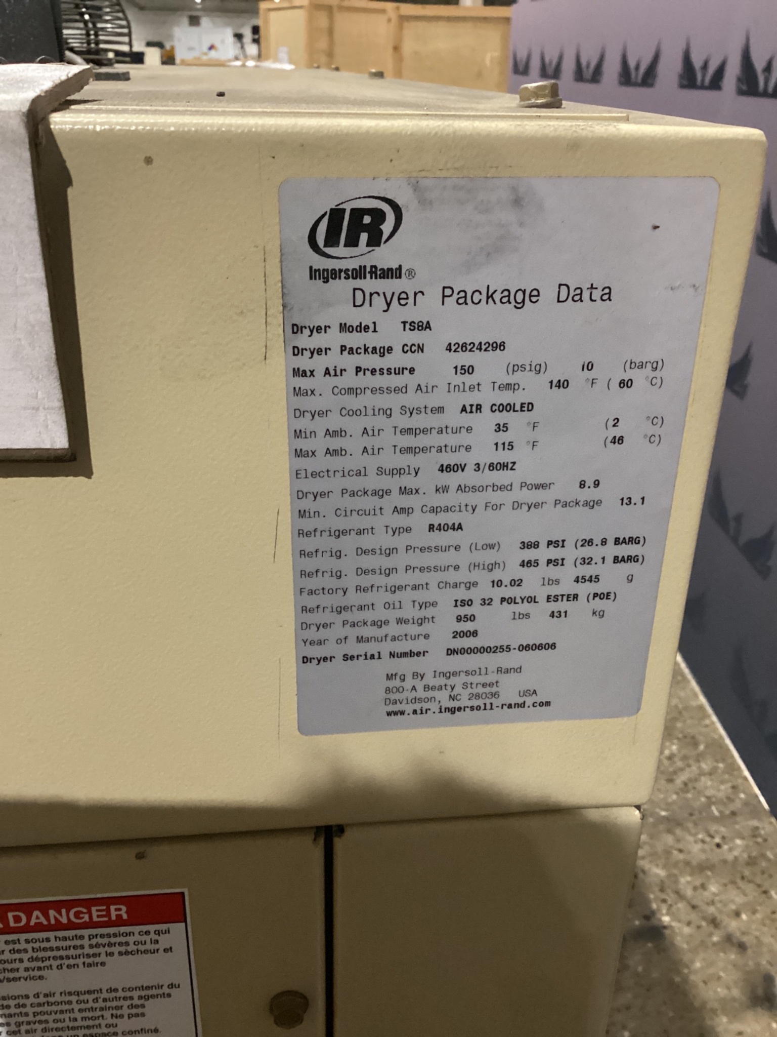 INGERSOLL RAND TS8A REFRIGERATED AIR COMPRESSOR DRYERS USED 6