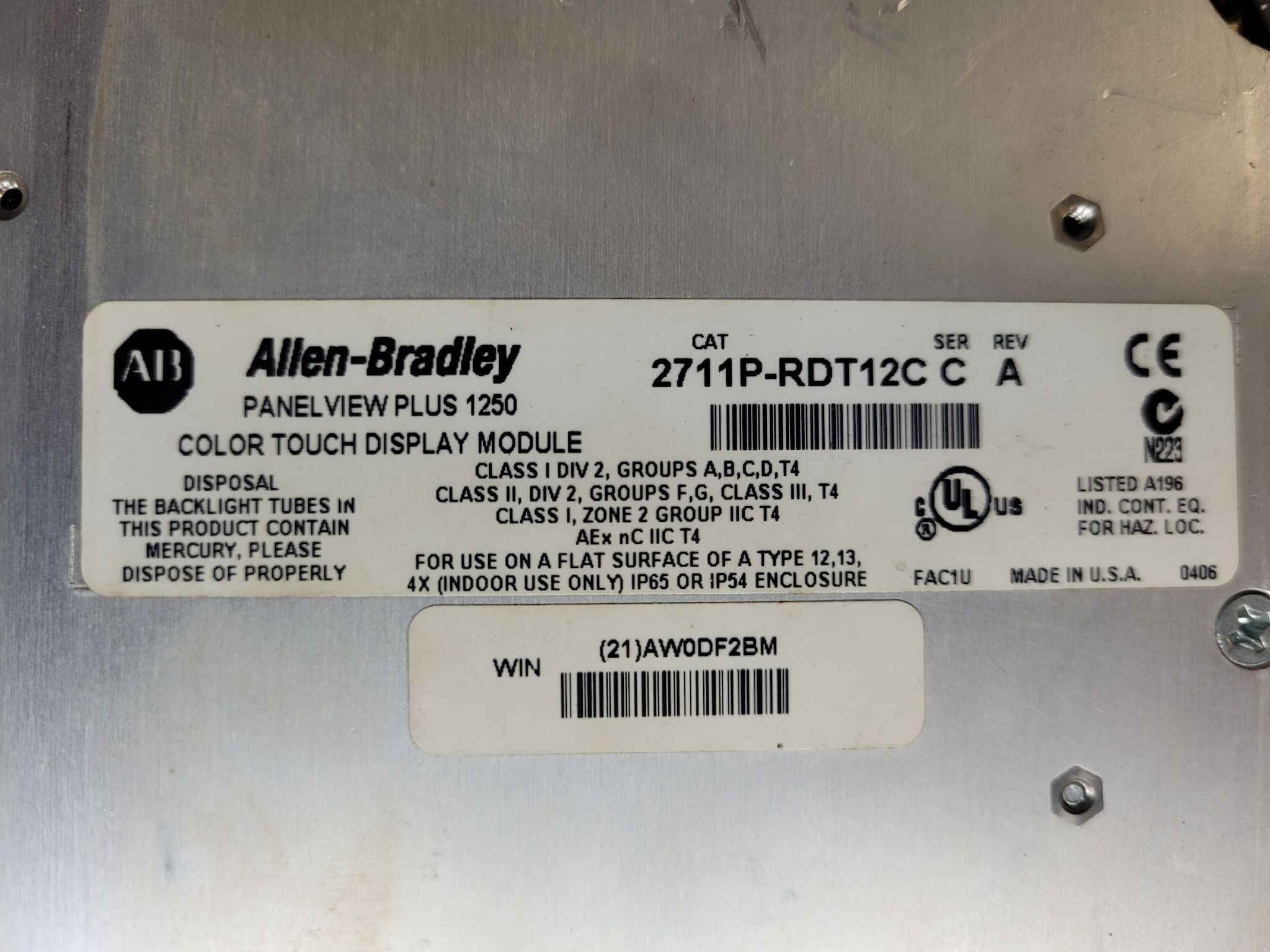 ALLEN BRADLEY 2711P-RDT12C /C PanelView Plus 1250 Display Module USED 2