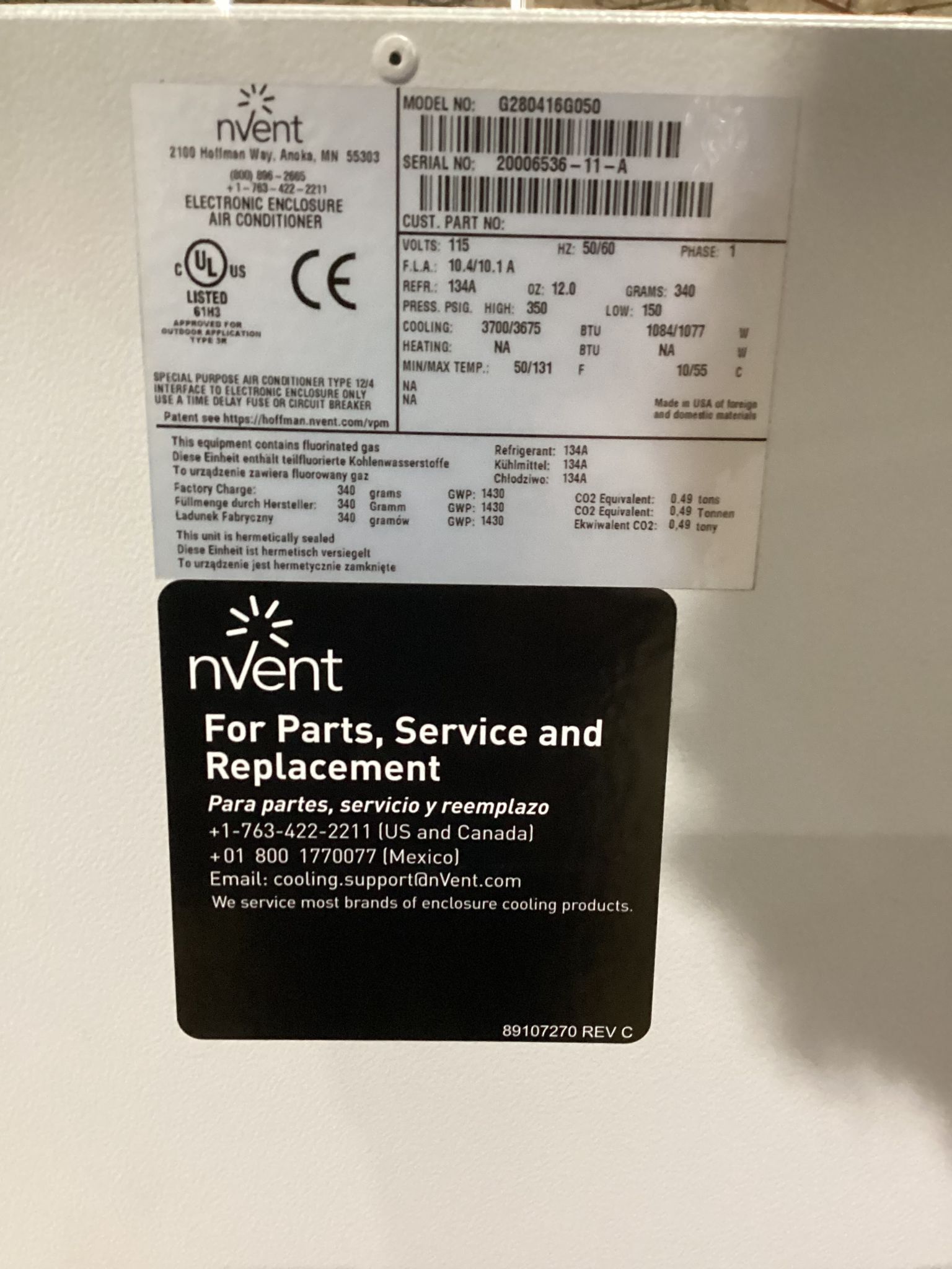NVENT HOFFMAN G280416G050 SpectraCool 6000BTU A/C USED 2