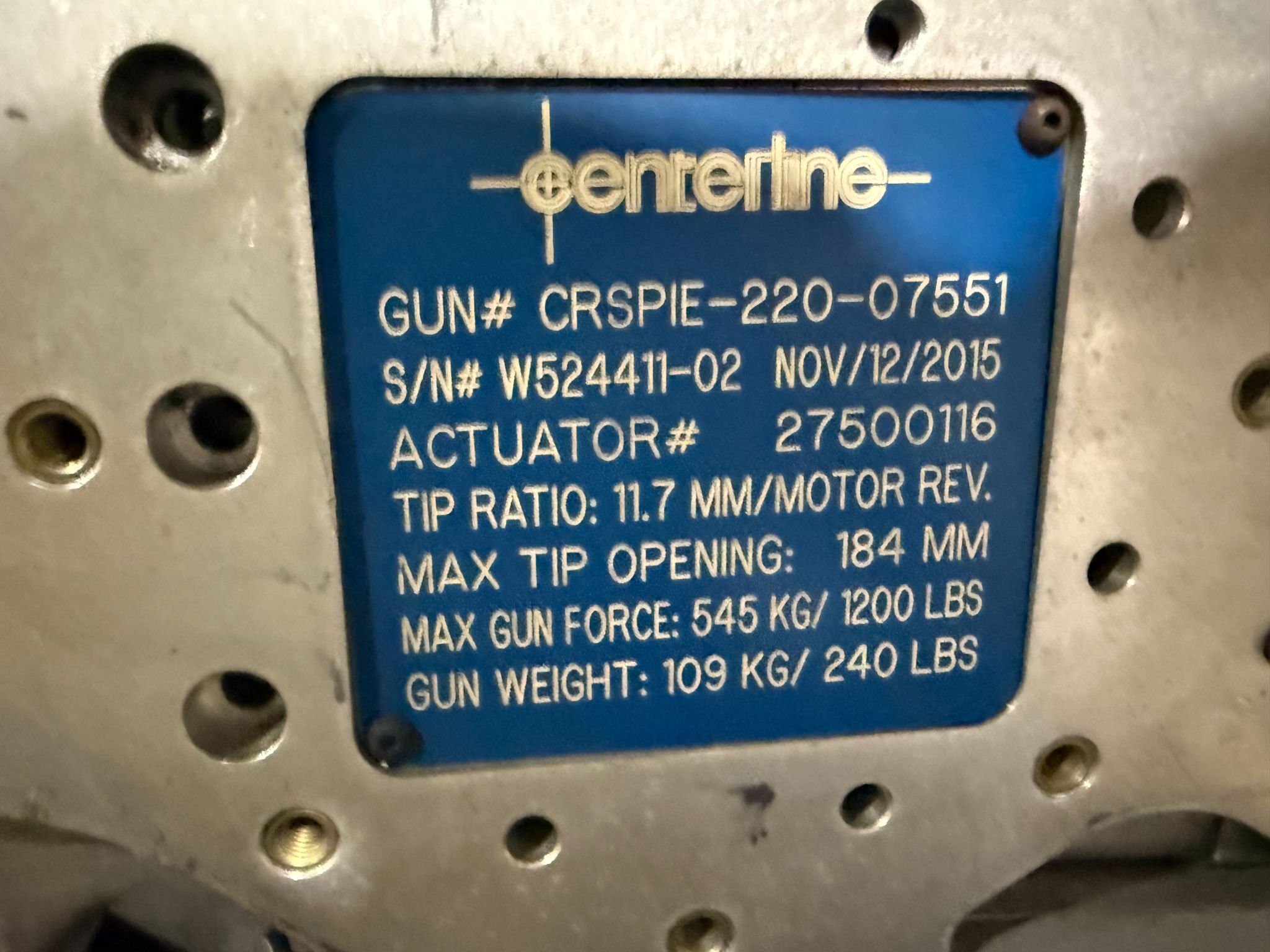 CENTERLINE CRSPIE-220-07551 Pinch-Type Weld Gun USED - Tested 4