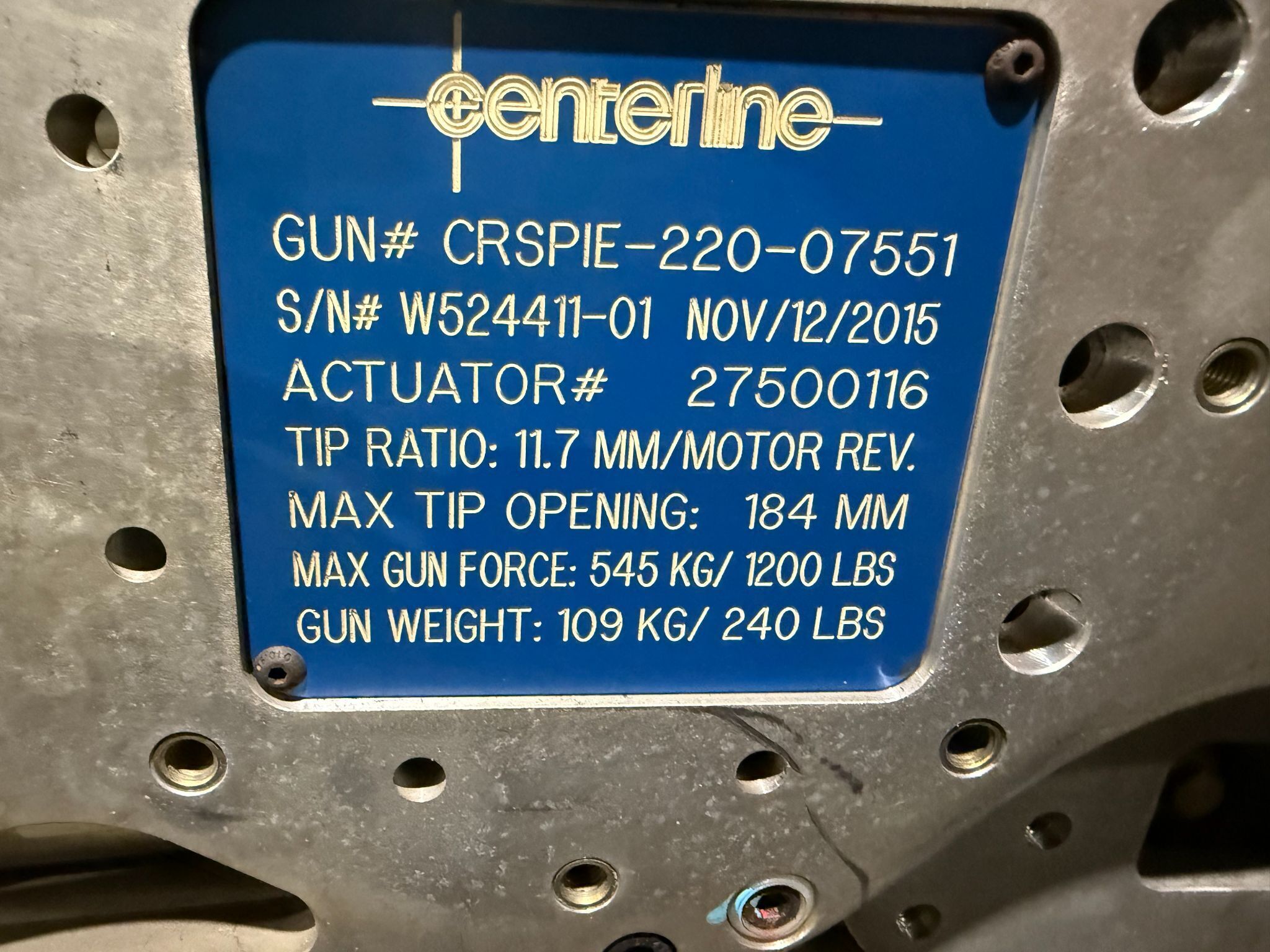 CENTERLINE CRSPIE-220-07551 Pinch-Type Weld Gun USED - Tested 3