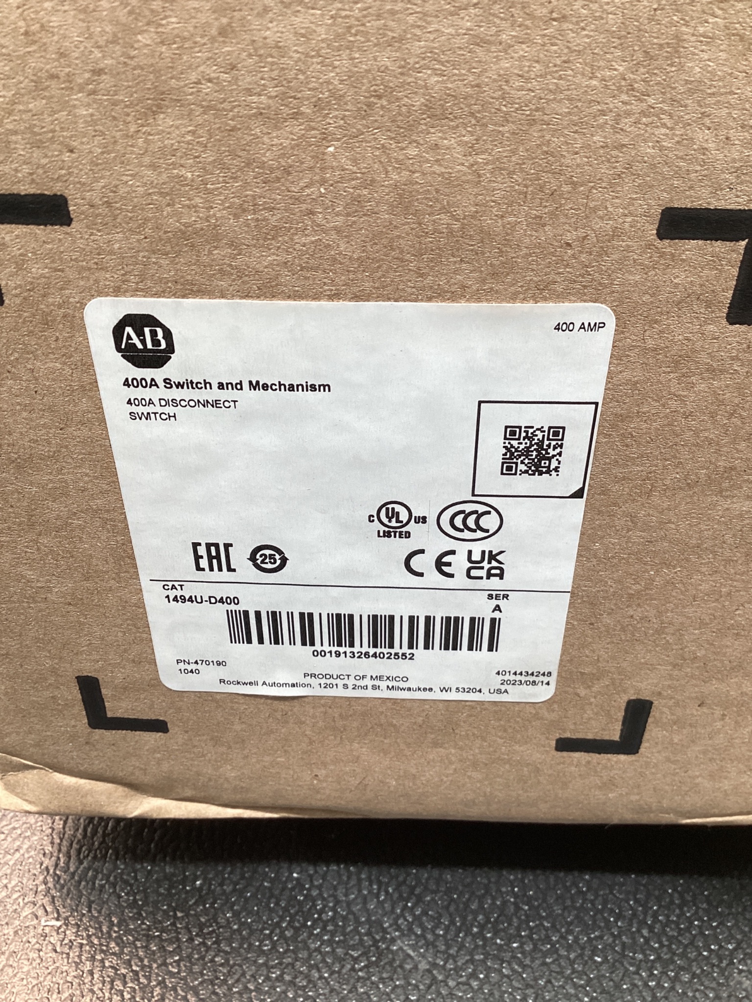 ALLEN BRADLEY 1494U-D400 400 Amp Disconnect Switch NEW 4