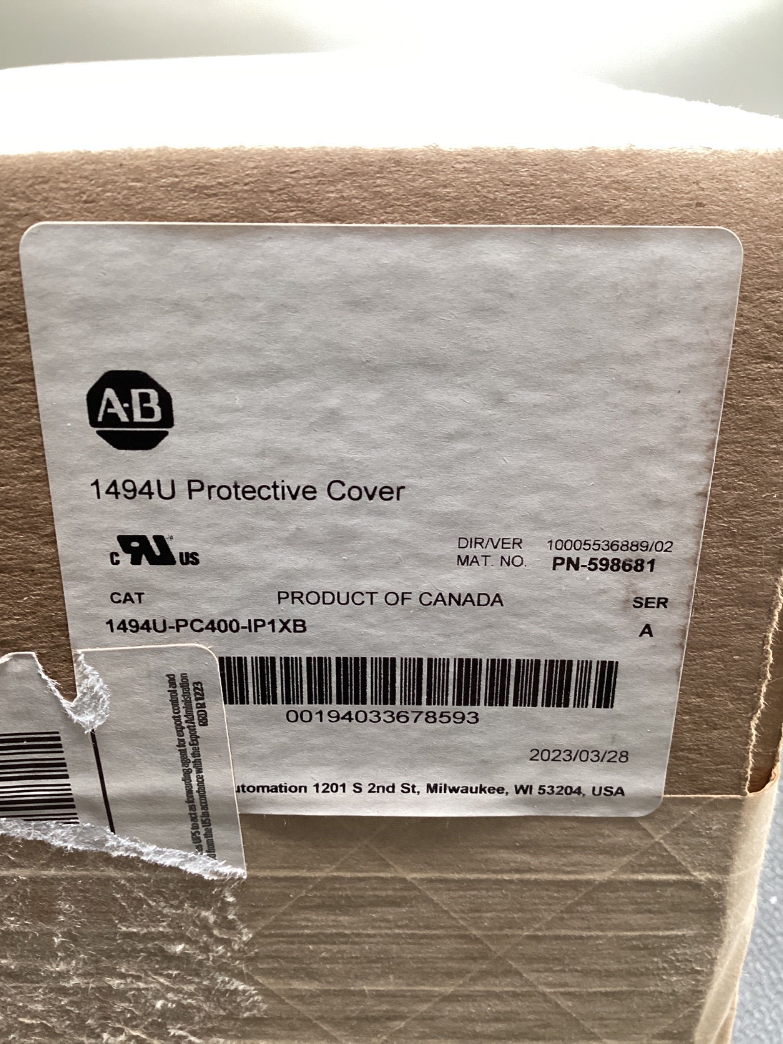 ALLEN BRADLEY 1494U-PC400-IP1XB 400A Disconnect Protective Cover NEW 4