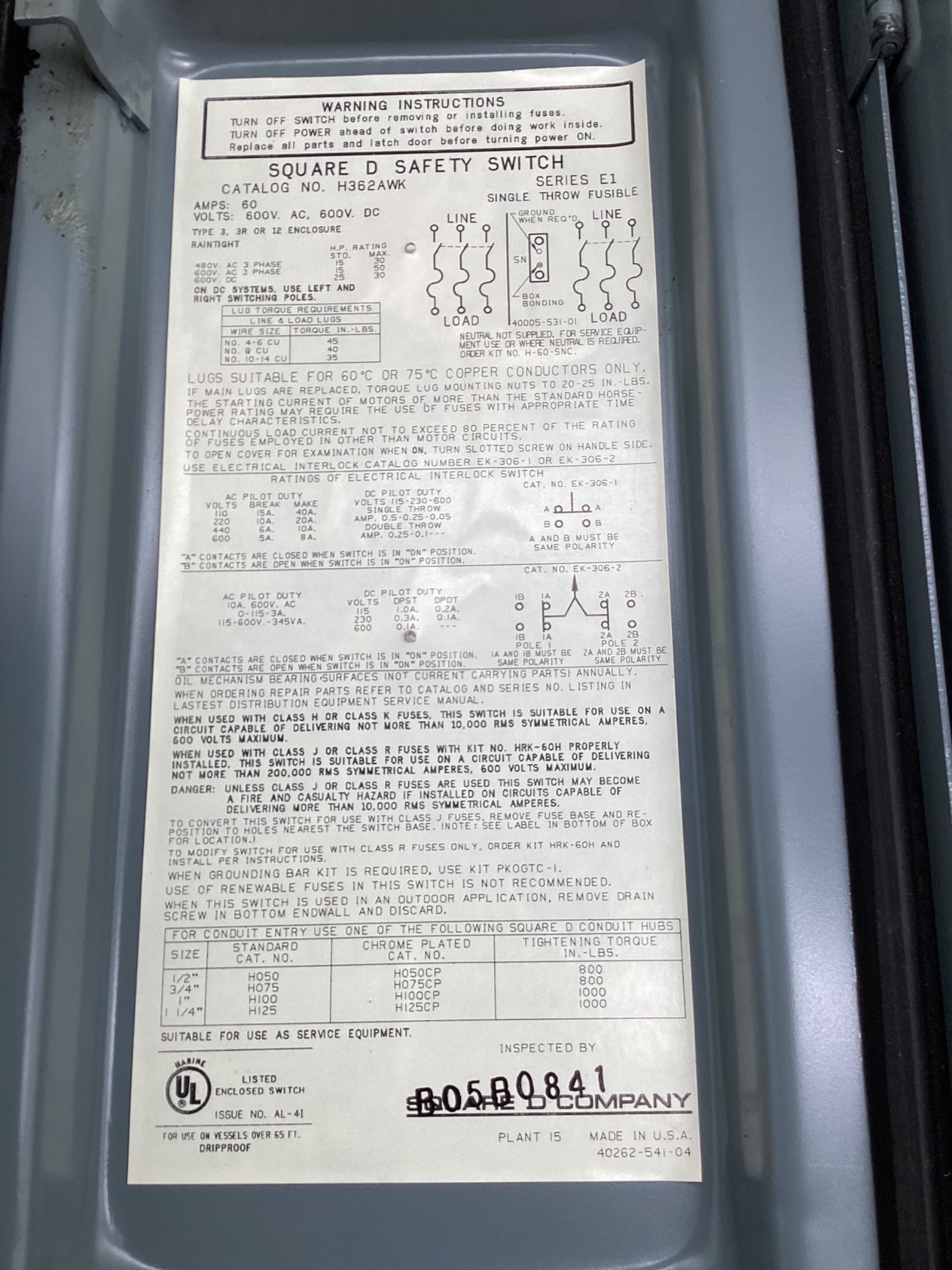 SQUARE D H362AWK 60A 600V 3P Fused Safety Switch USED 6