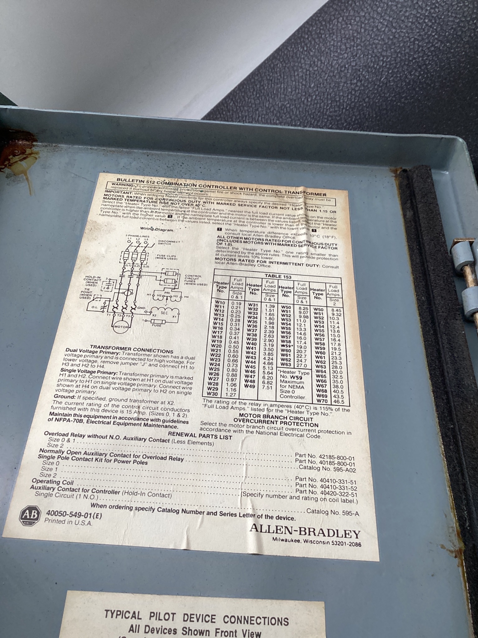 ALLEN BRADLEY BULLETIN 512 Combination Controller with Transformer USED 7