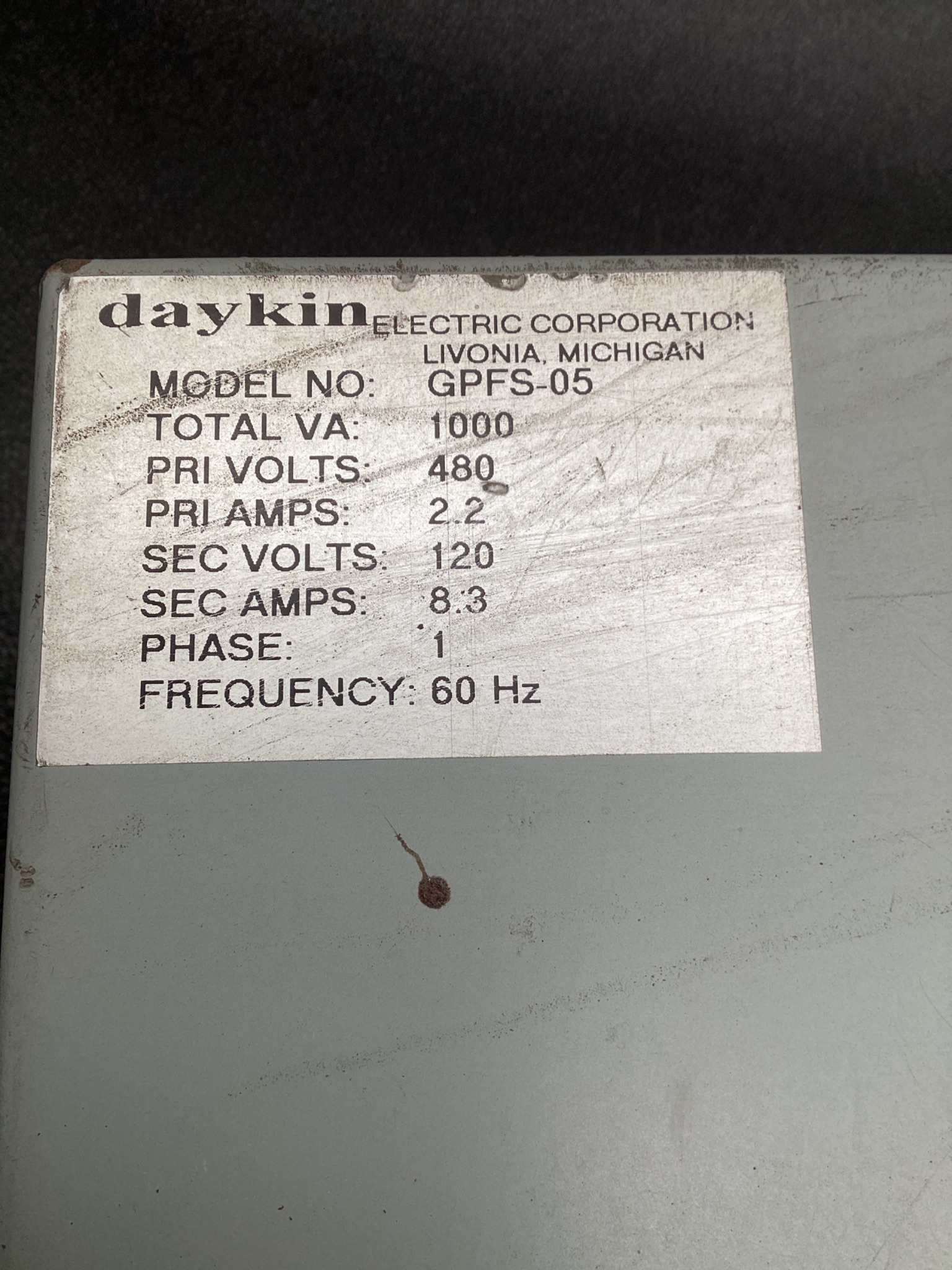 DAYKIN GPFS-05 1KVA Transformer Disconnect 480V - 120V USED 6
