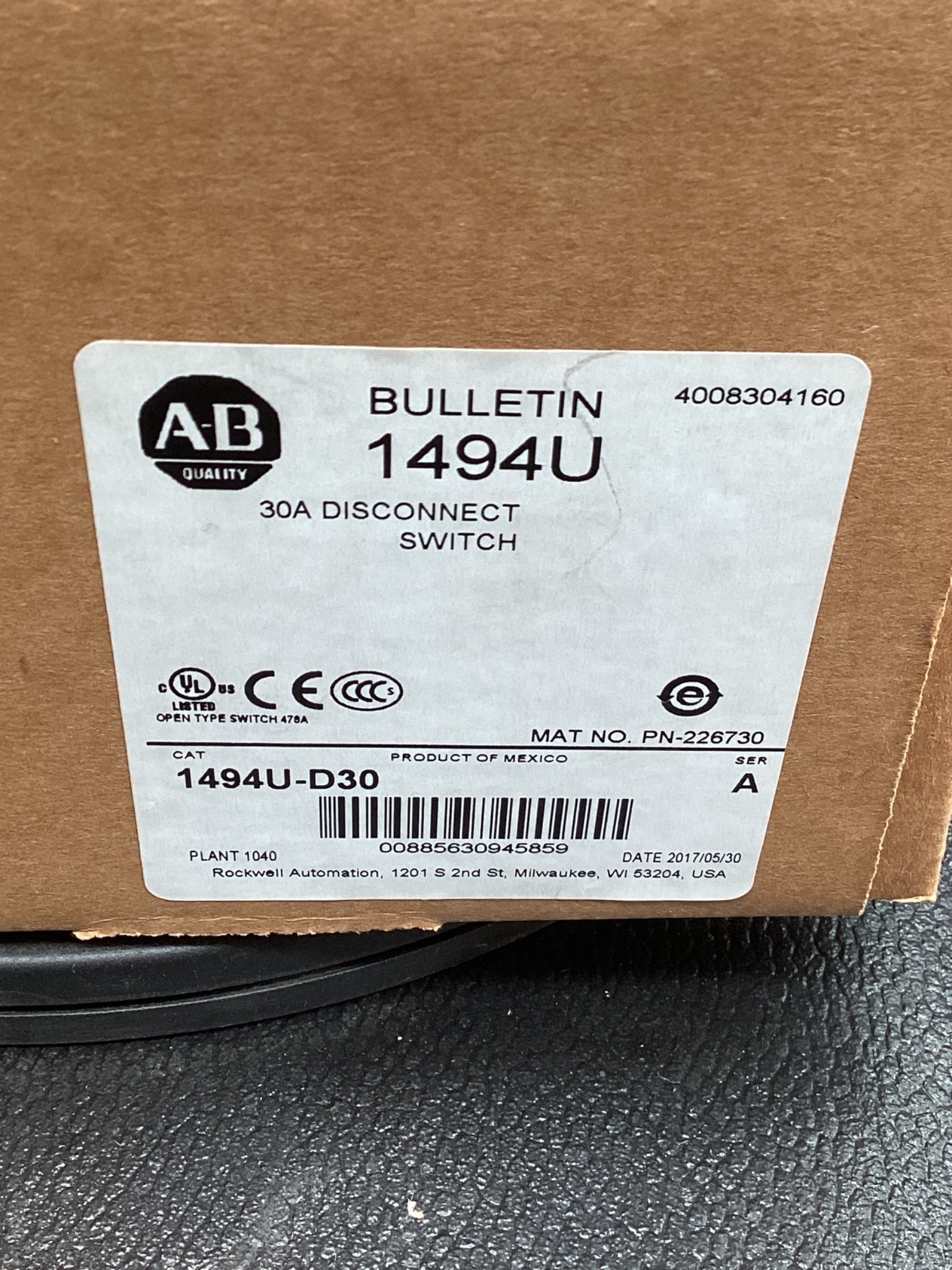 ALLEN BRADLEY 1494U-D30 30A Disconnect Switch NEW 8
