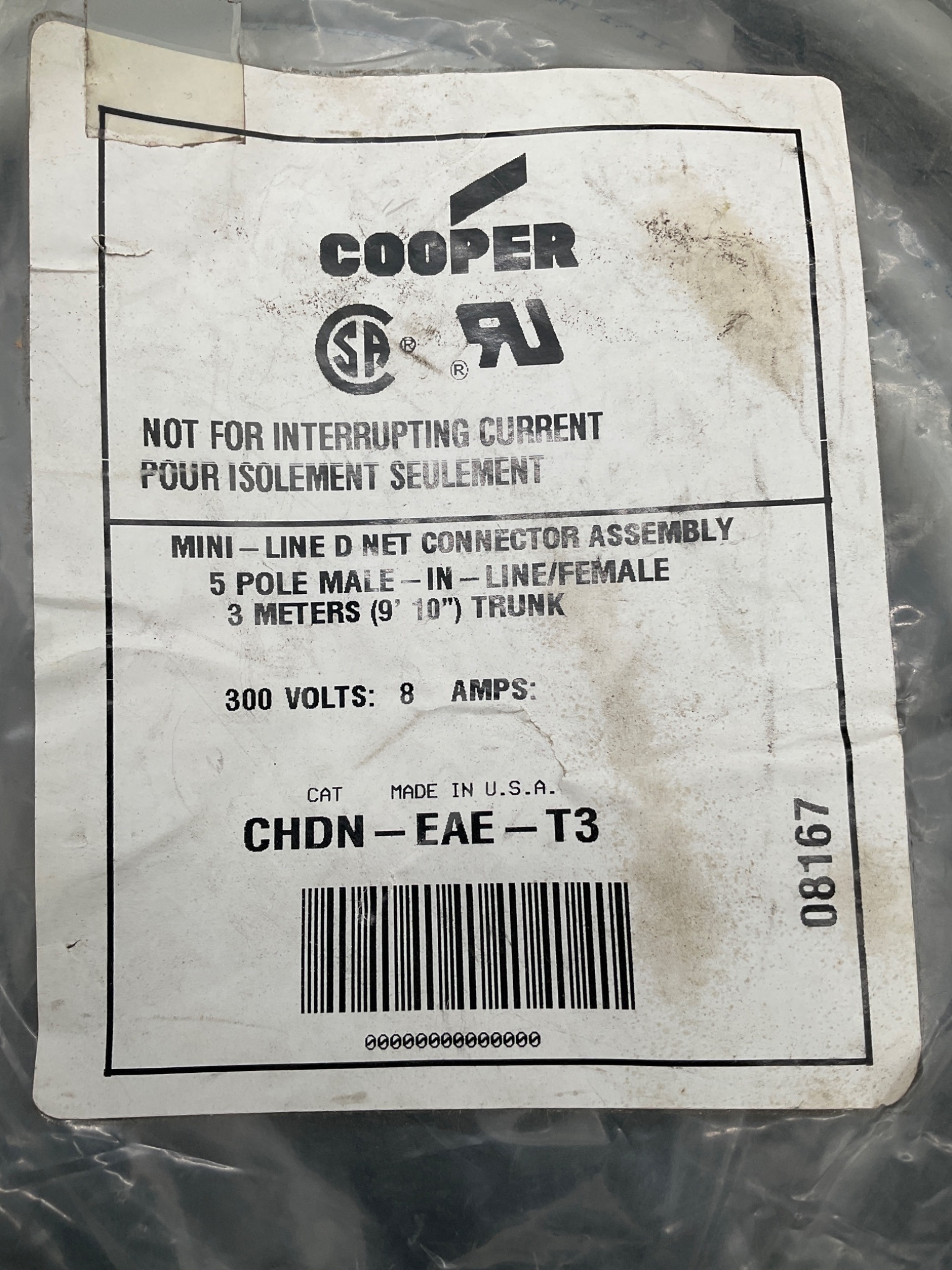 COOPER CHDN-EAE-T3 Mini-Line DNet Connector 5P Male/Female 3M 300V 8A NEW 1