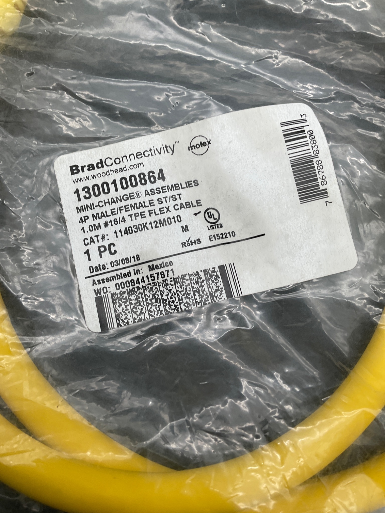 BRAD CONNECTIVITY 114030K12M010 Mini-Change Cordset 4-Pin 1M 600V NEW 1