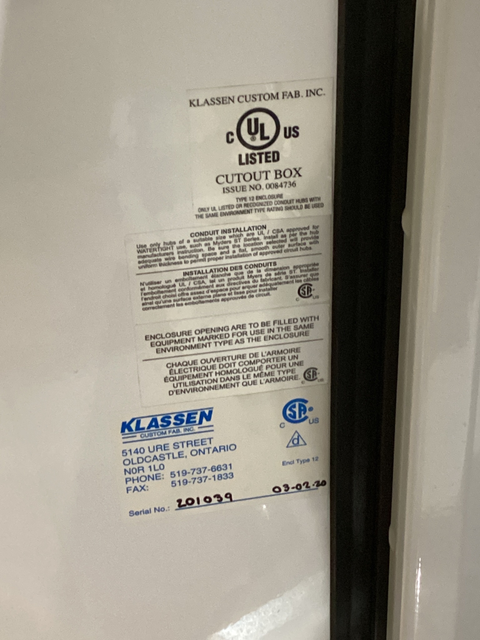 KLASSEN 0084736 Electrical Enclosure NEW 2