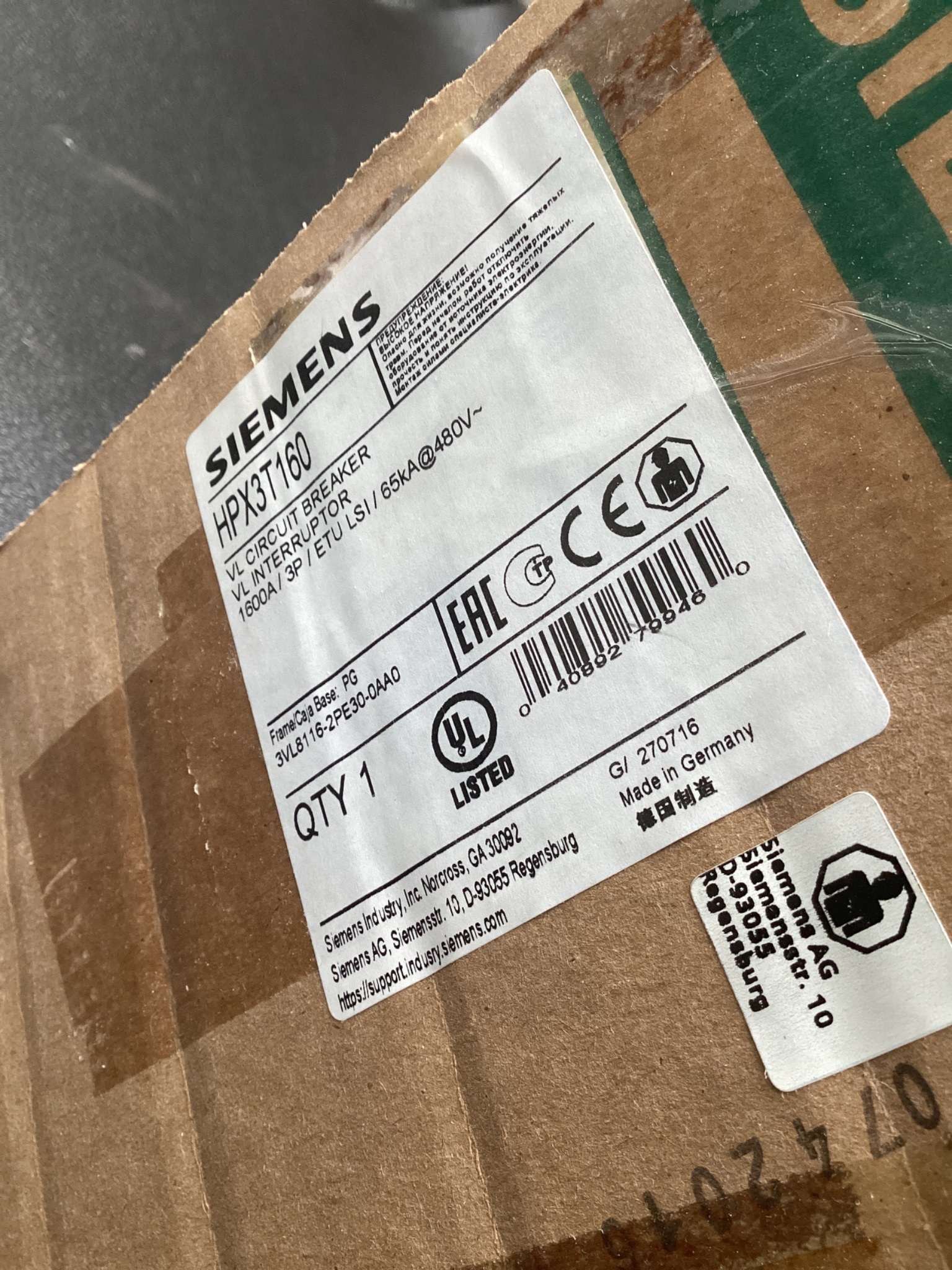 SIEMENS HPX3T160 1600A 3-Pole Circuit Breaker NEW 6