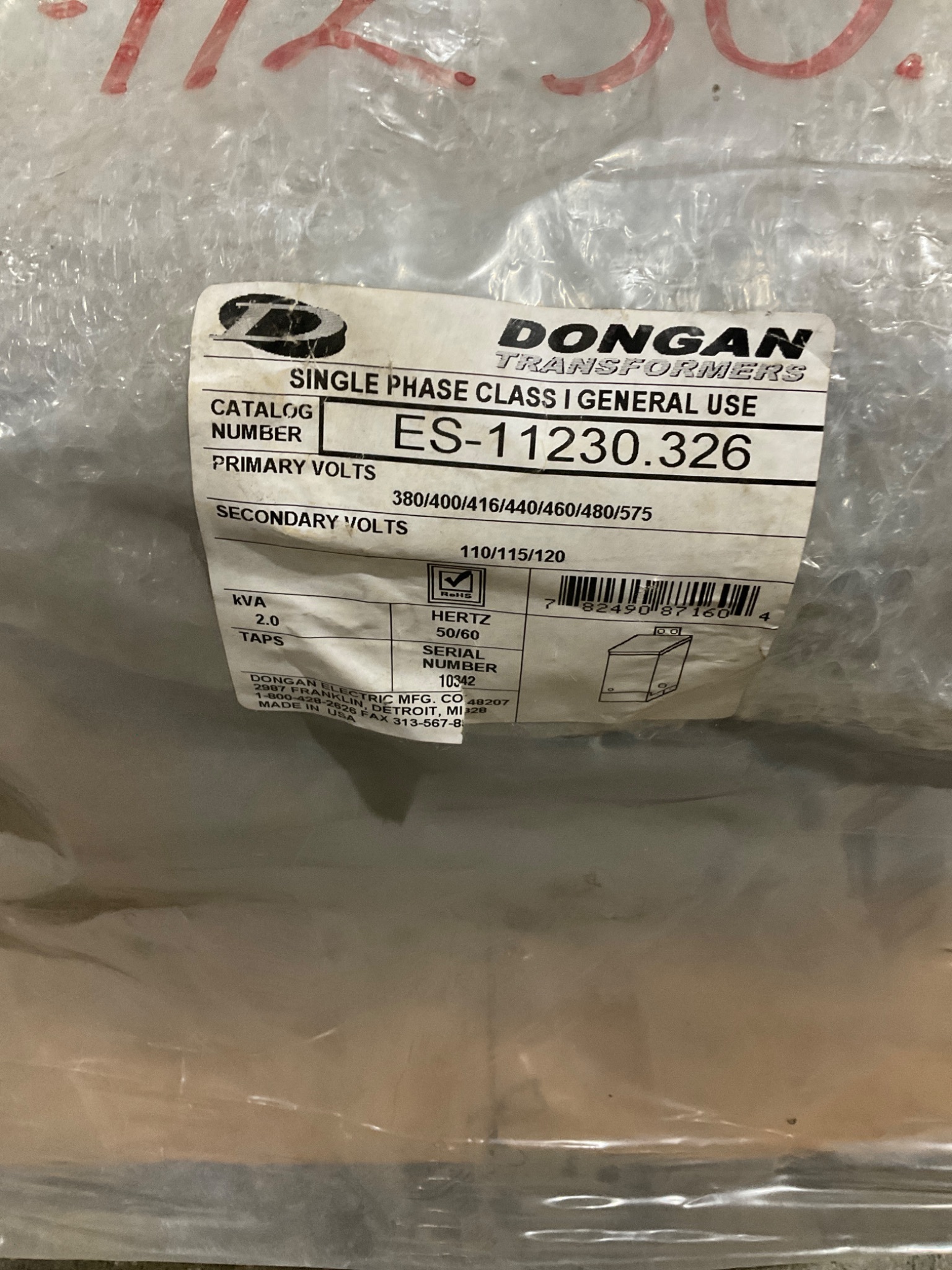 DONGAN ES-11230.326 2.0 KVA Single Phase Transformer NEW 1