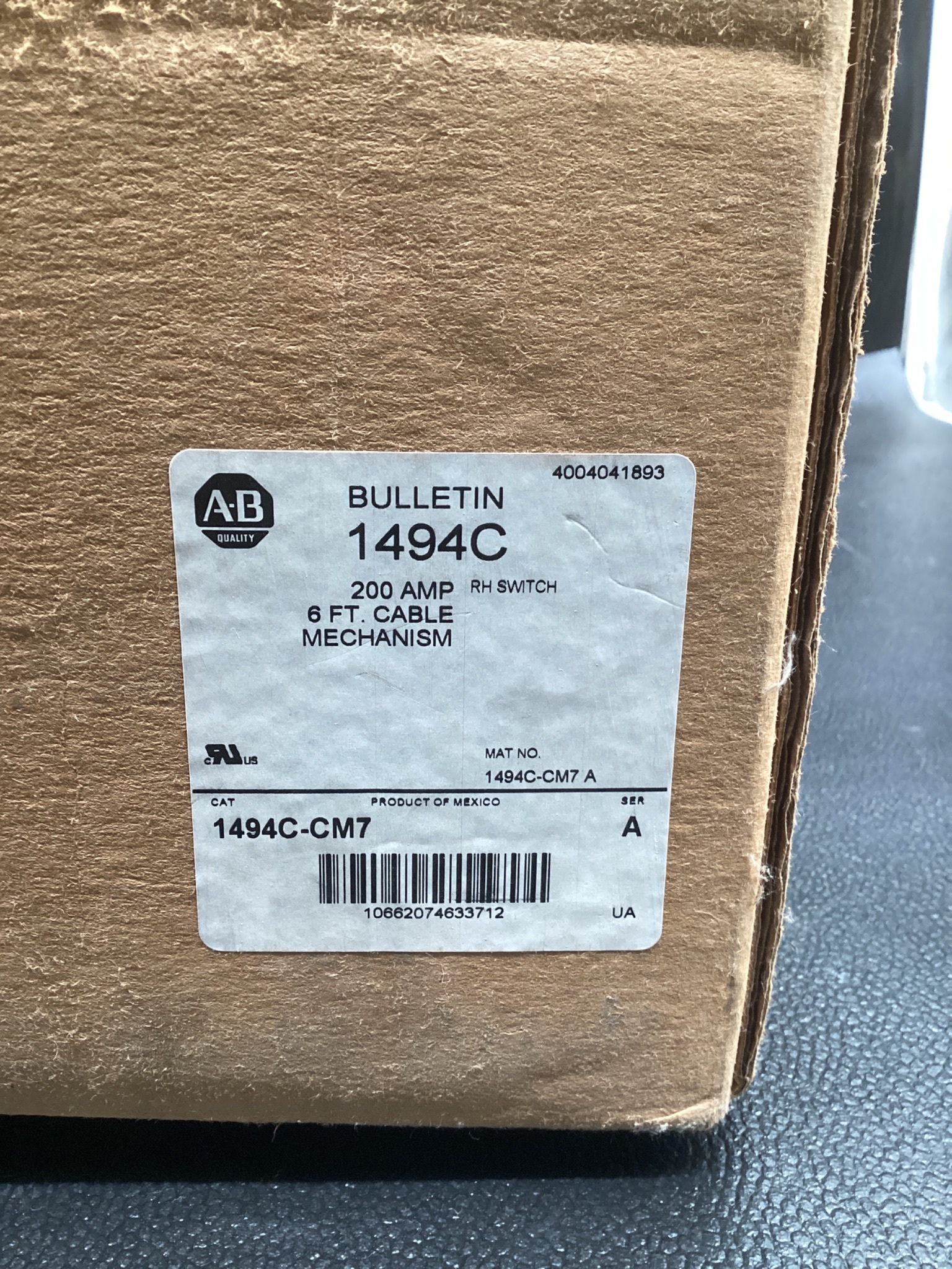 ALLEN BRADLEY 1494C-CM7 200A RH Disconnect Switch 6FT Cable Mechanism NEW 4