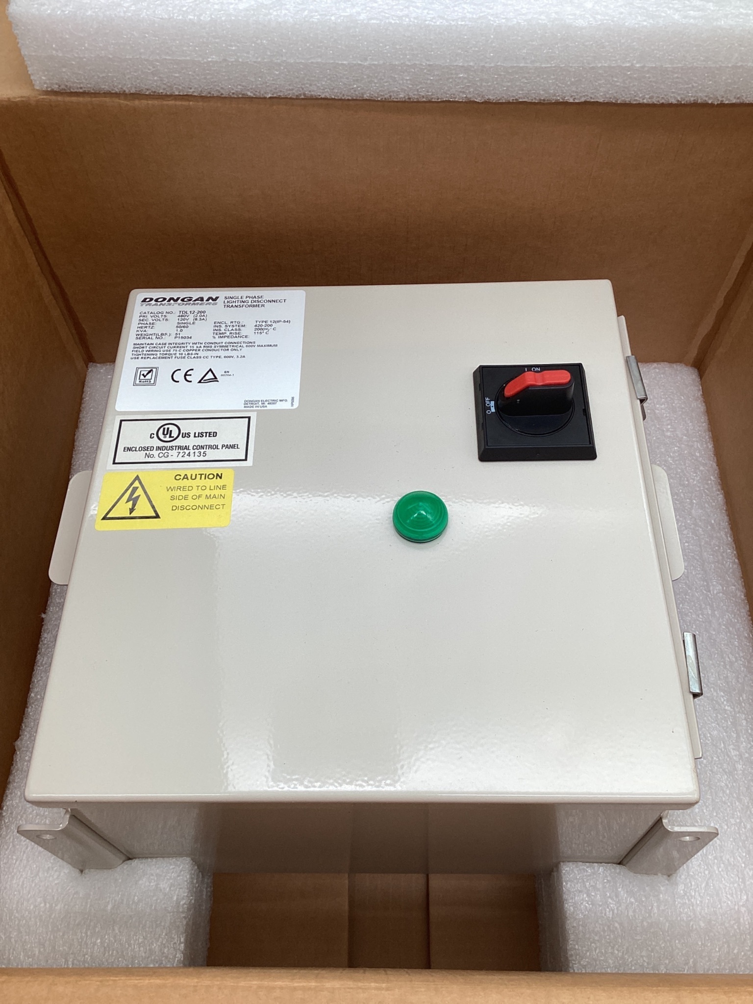 DONGAN TDL12-200 Enclosed Transformer Disconnect 1KVA 480V - 120V NEW 4
