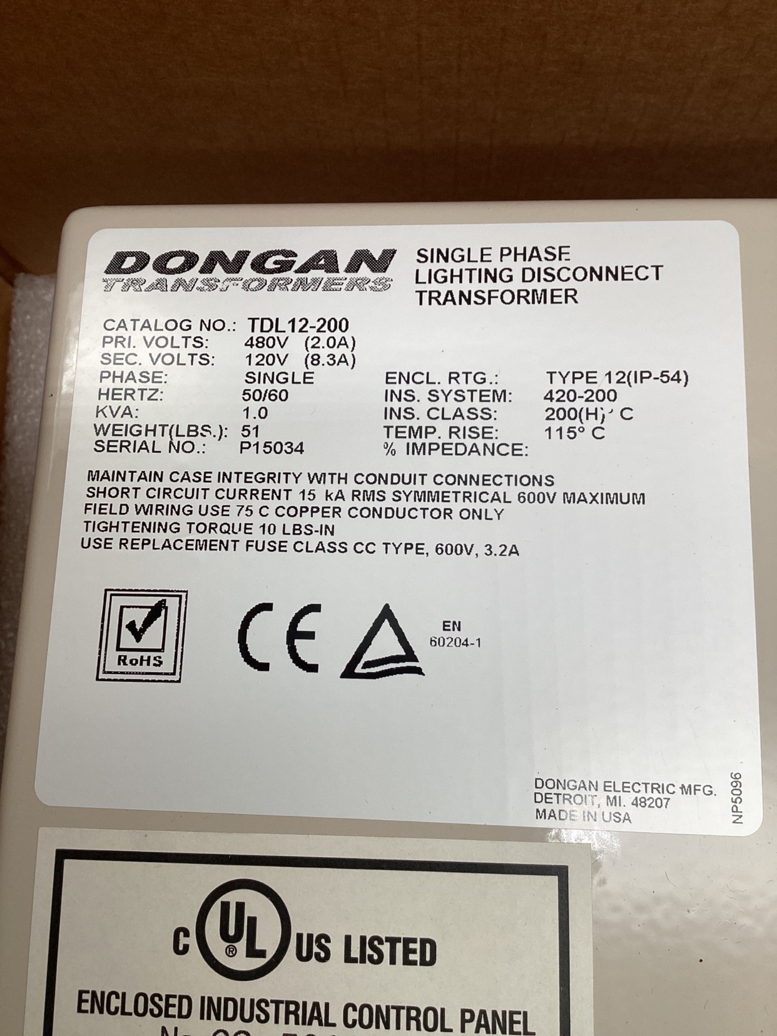 DONGAN TDL12-200 Enclosed Transformer Disconnect 1KVA 480V - 120V NEW 5