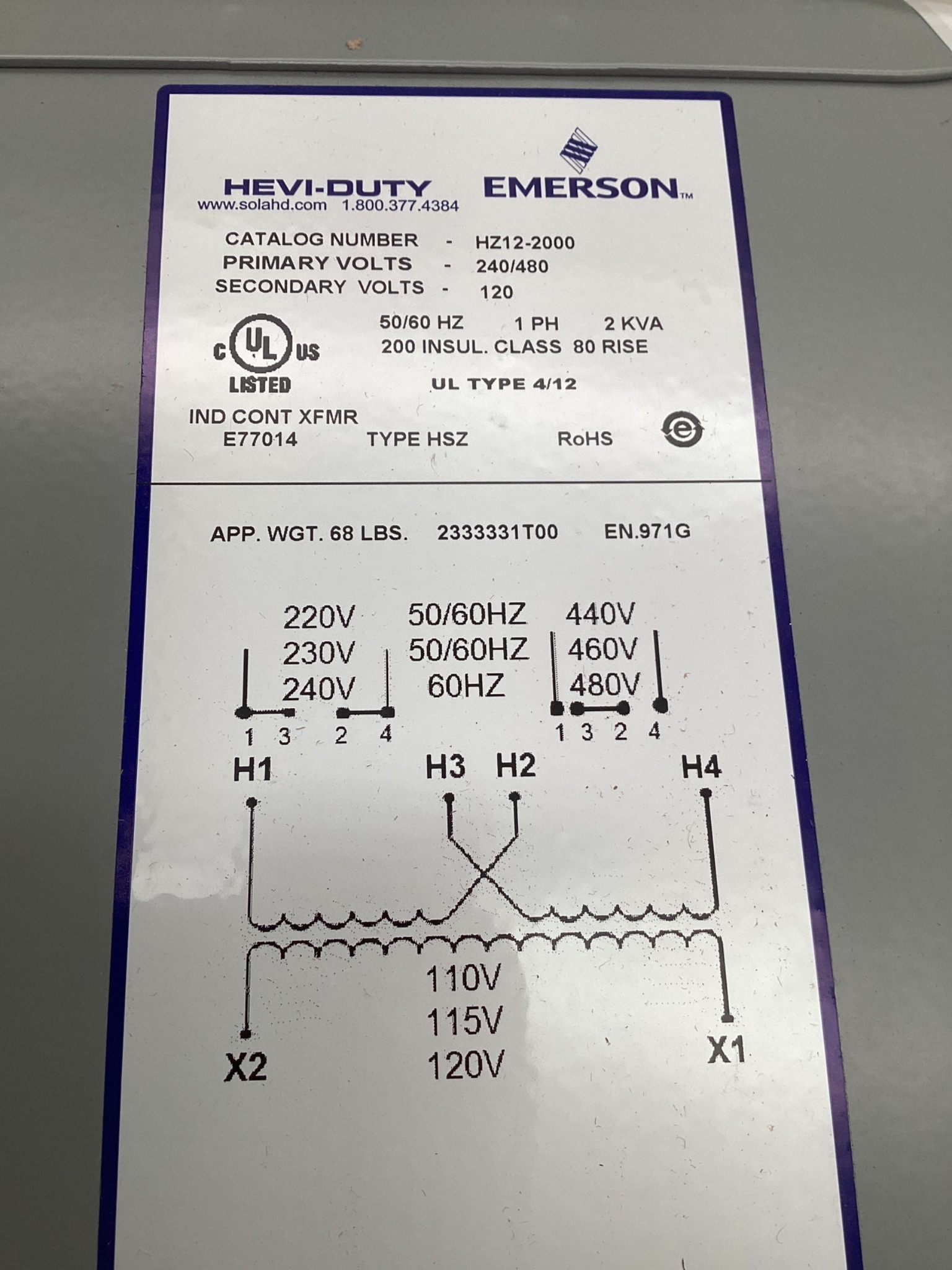 SolaHD HZ12-2000 Control Transformer 2KVA 240/480V - 120V 1PH NEW 6