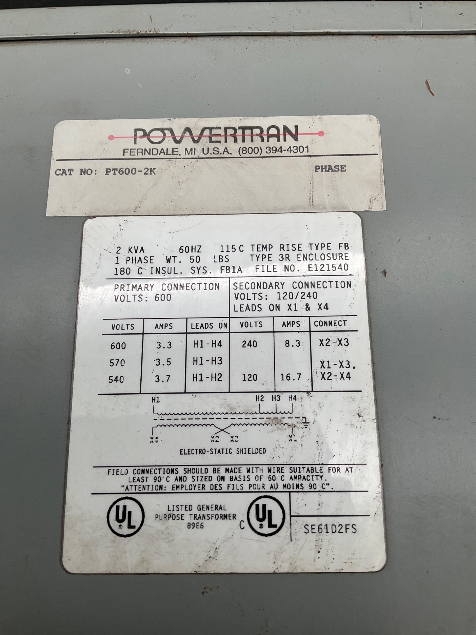 POWERTRAN PT600-2K Enclosed Transformer 2KVA 480V - 120V 1PH USED 1