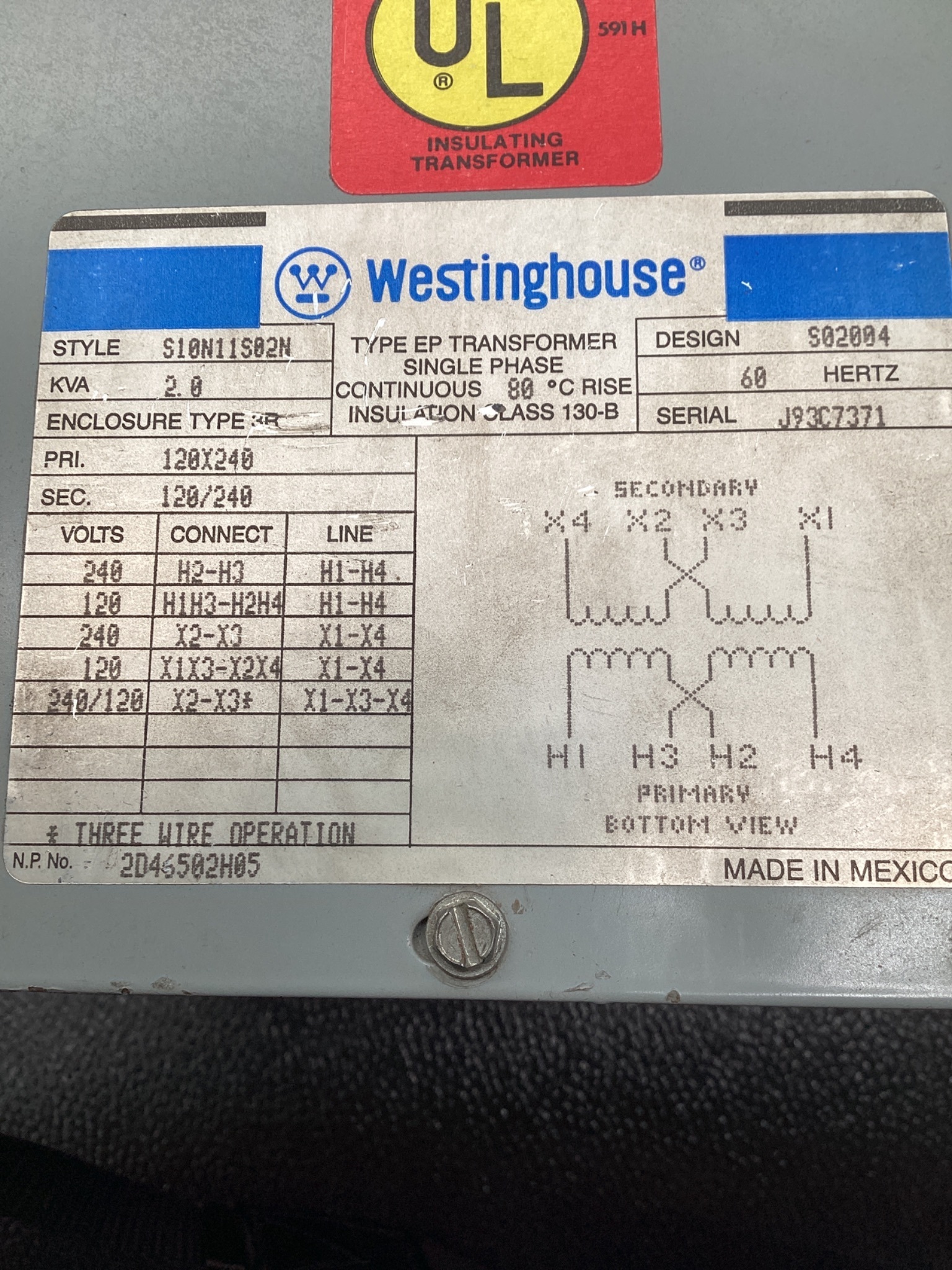 WESTINGHOUSE S10N11S02N 2KVA Transformer 120x240V - 120/240V USED 4