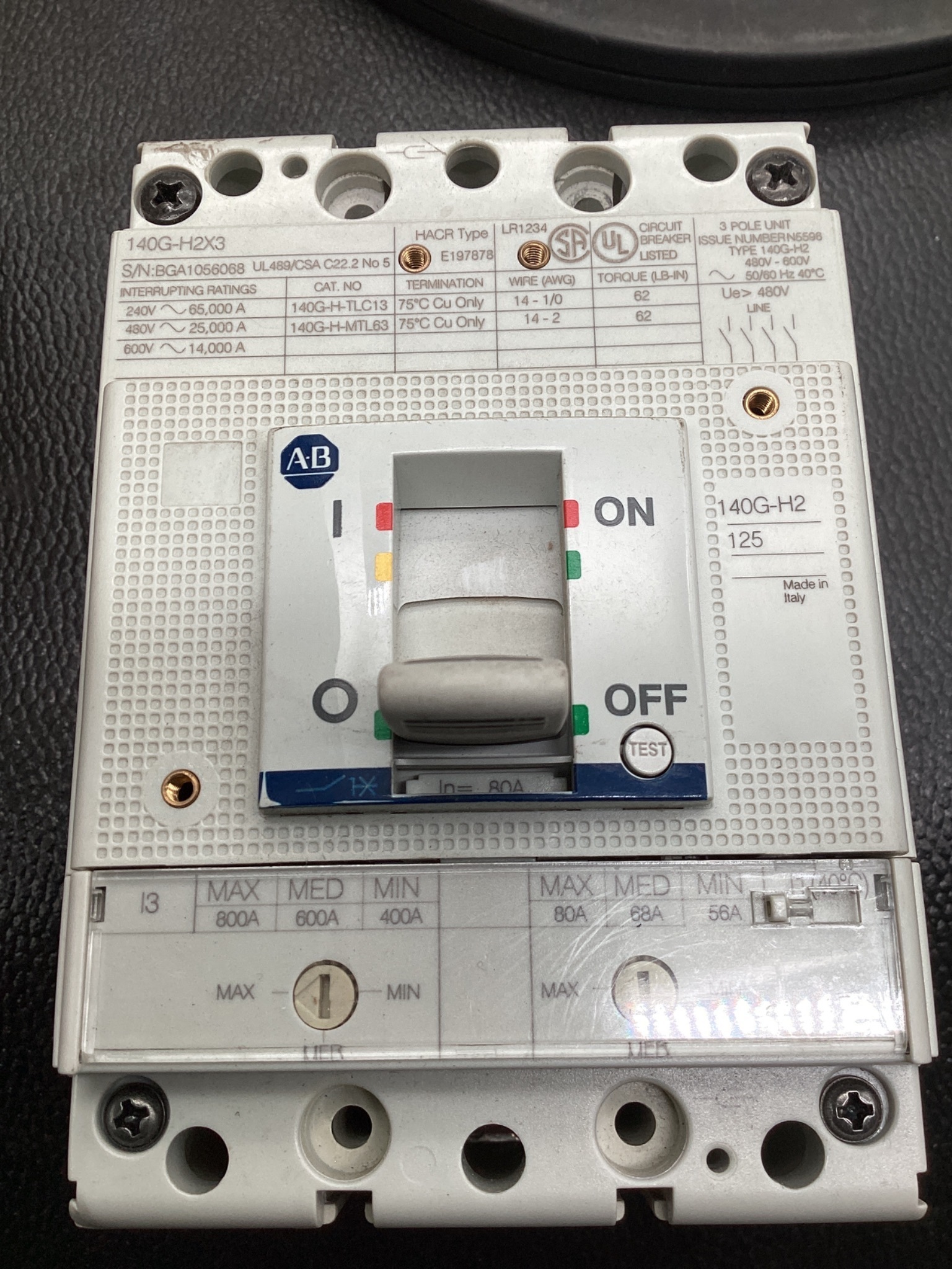 ALLEN BRADLEY 140G-H2F3-C80 Molded Case Circuit Breaker 400V 80A Ser. A NEW 6